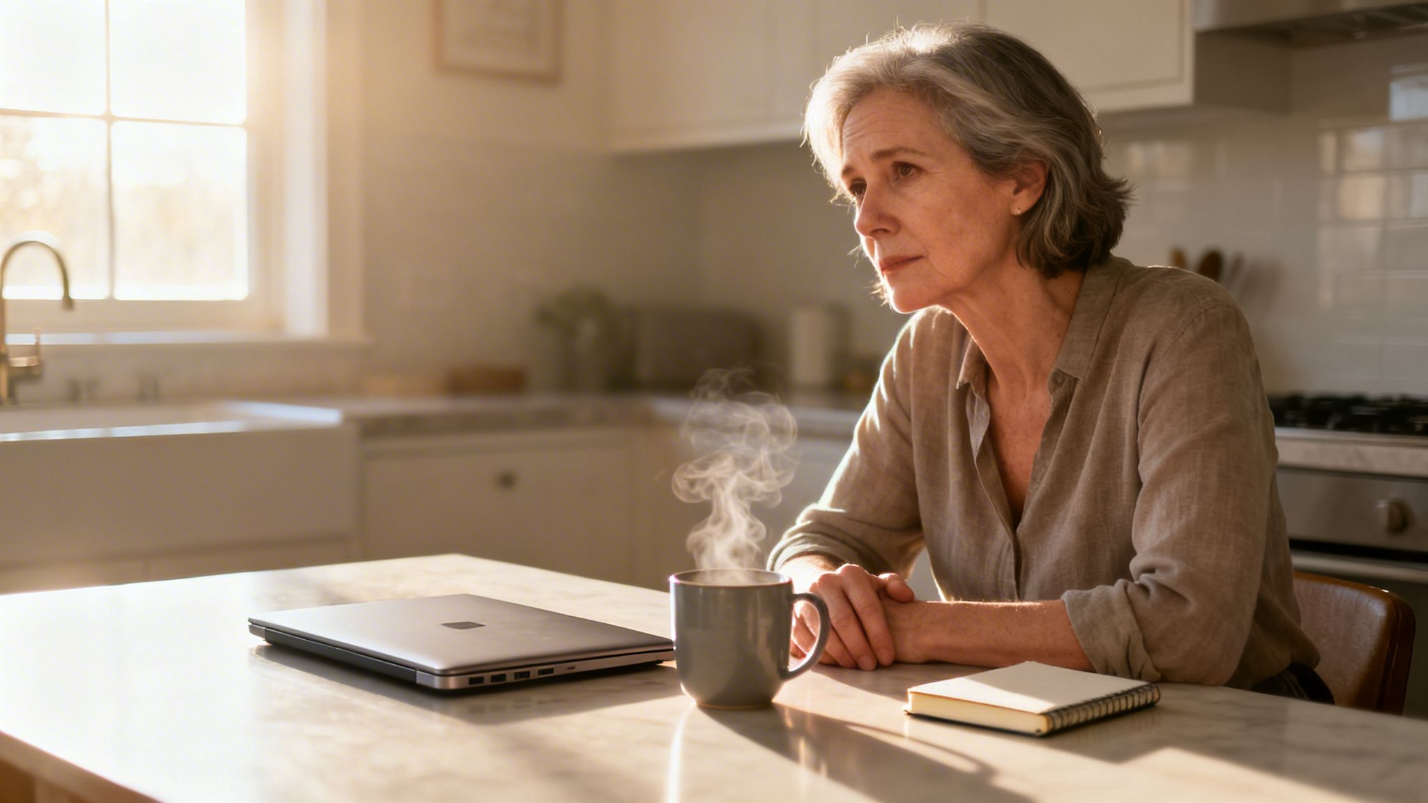 A thoughtful mature woman with gray hair sits at a kitchen table with a steaming mug, laptop, and notebook.
