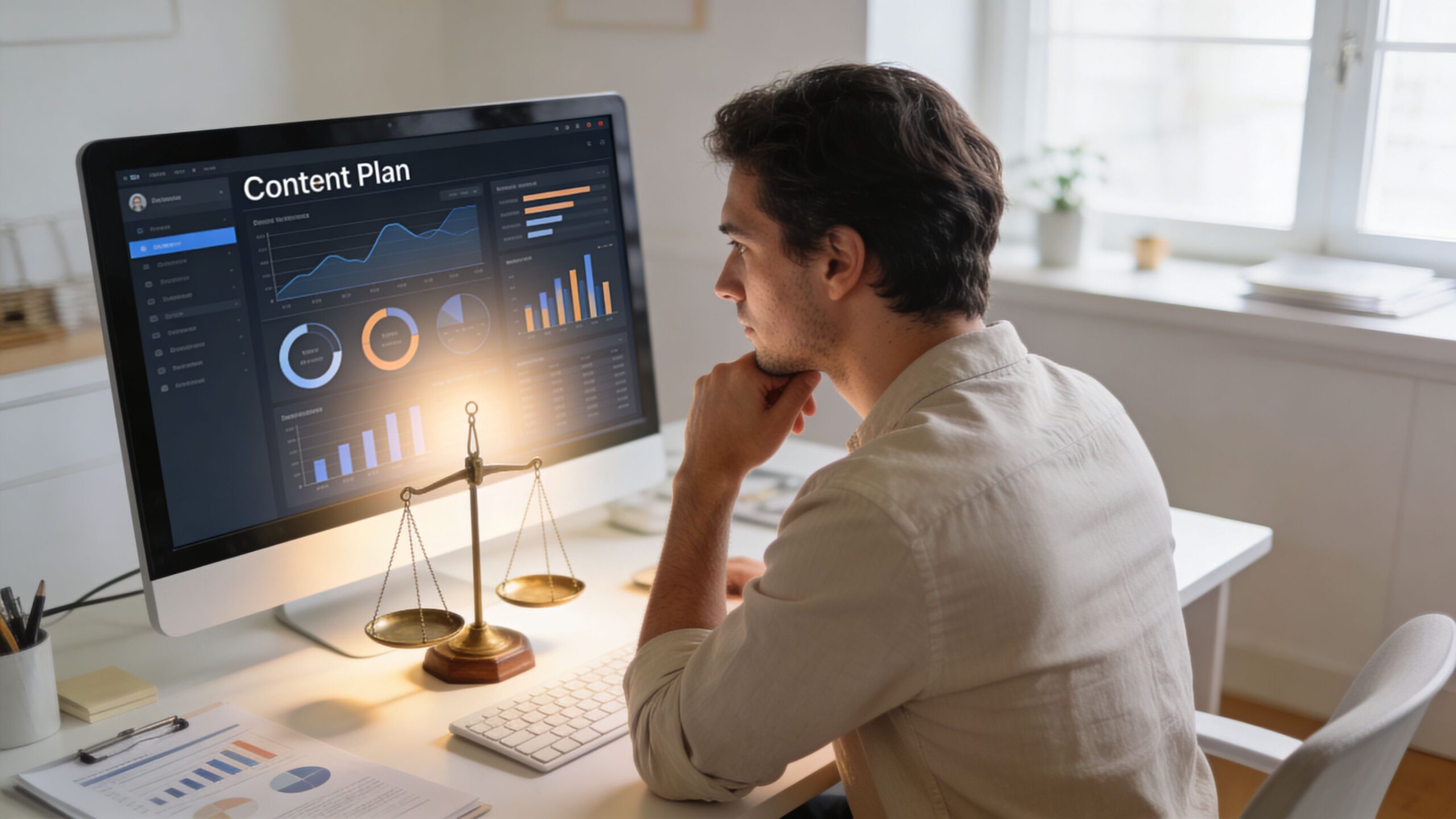 A man sits at a desk analyzing content plan data on his computer screen with a balance scale.
