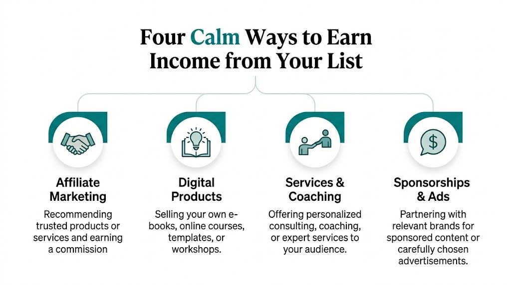 A diagram illustrating four calm ways to earn income from an <a rel=