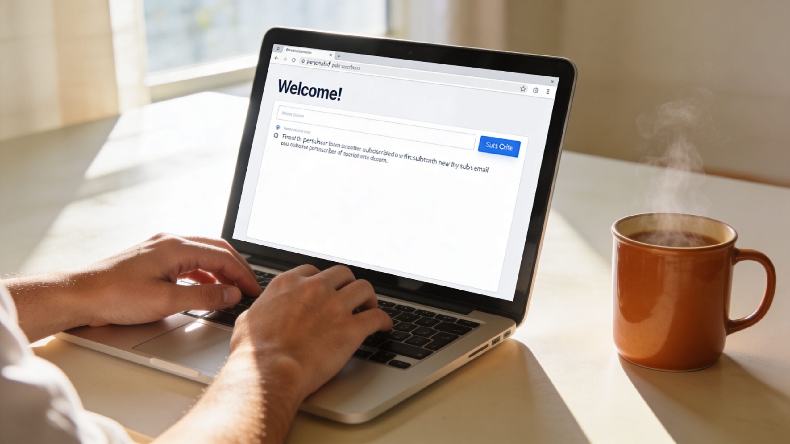 A person working on a laptop at a table with a steaming cup of coffee nearby.