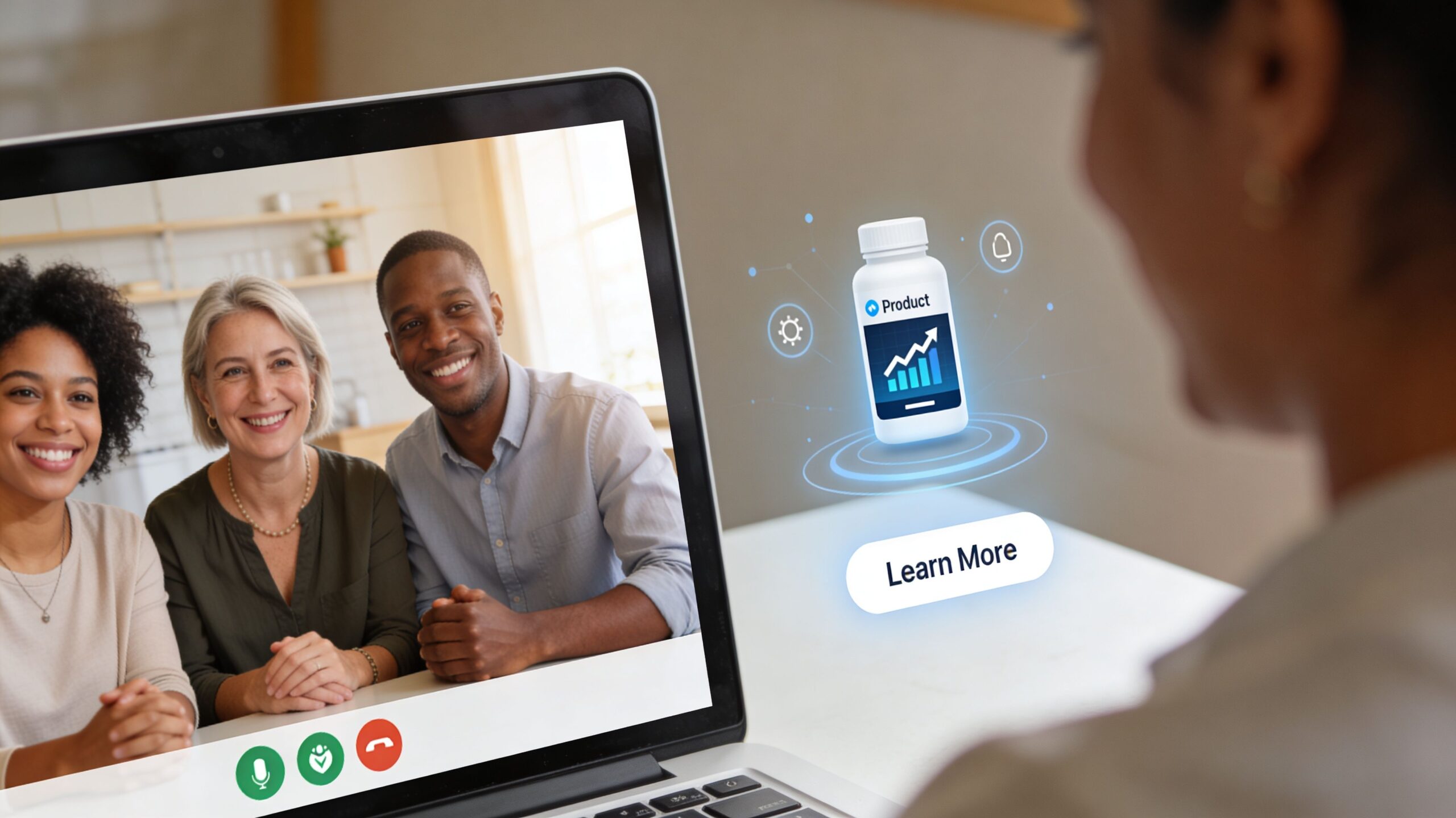 A professional video call on a laptop featuring a hologram of a pill bottle with growth charts.