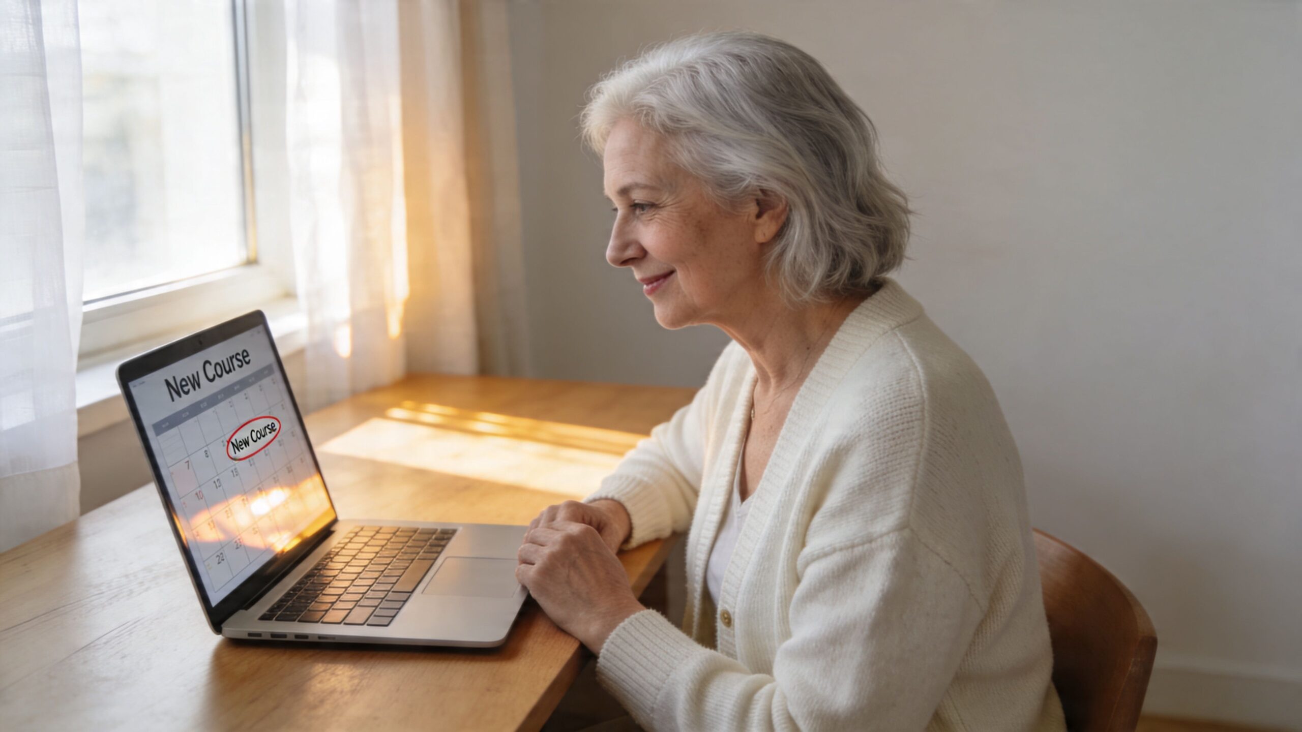 An elderly woman smiling while looking at a laptop screen displaying a calendar for a new course.
