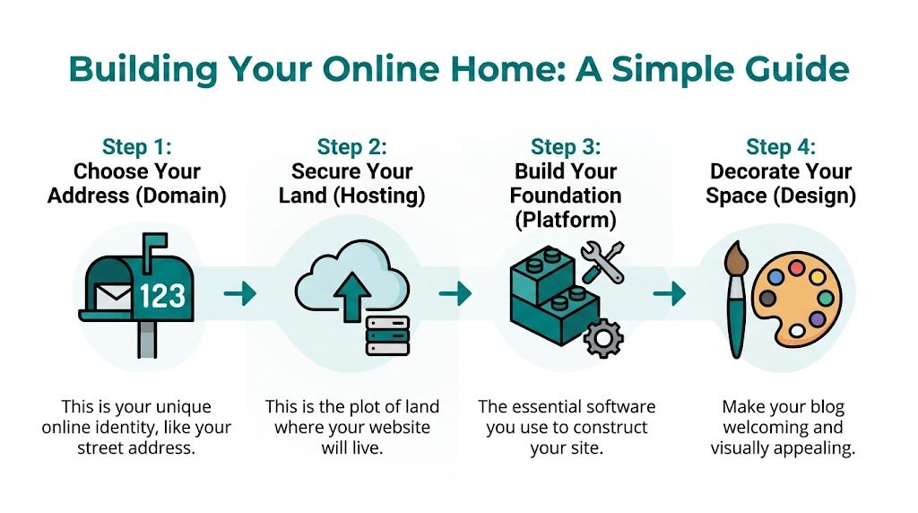 An infographic showing four simple steps to build a website, including domain, hosting, platform, and design.