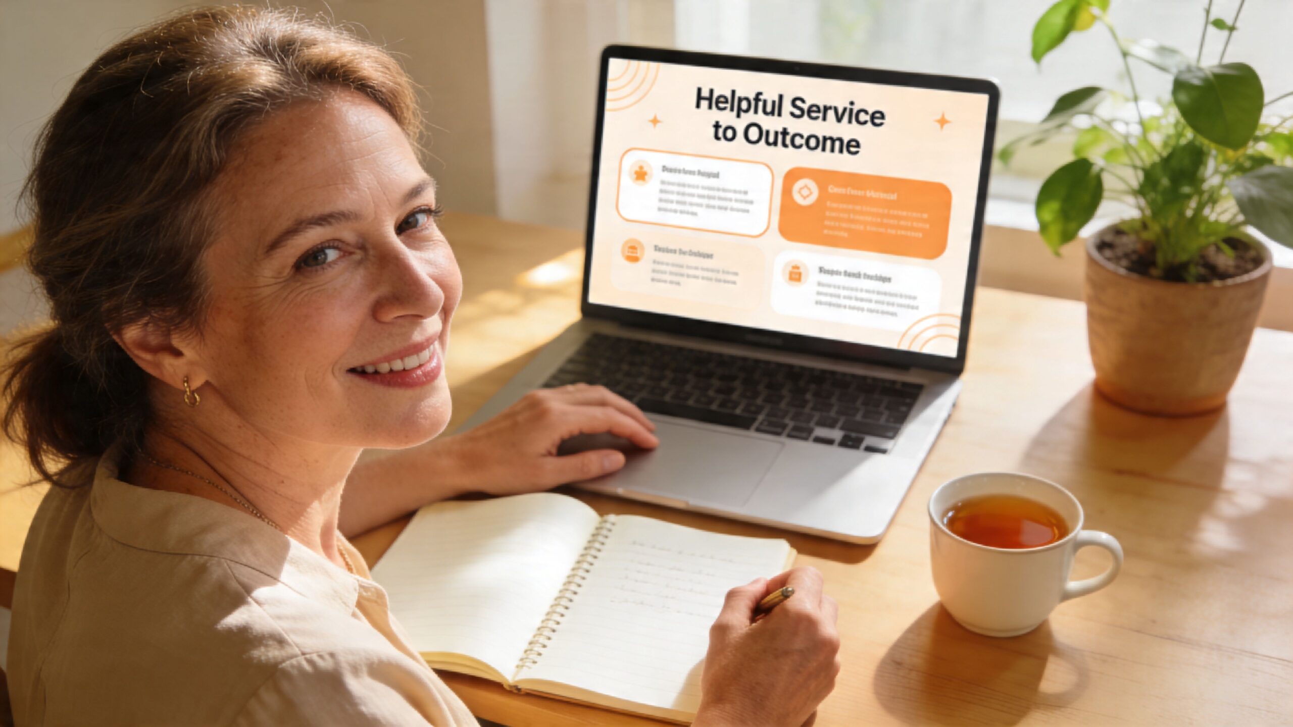 A woman working on her laptop at a desk with a notebook and coffee, studying online resources.