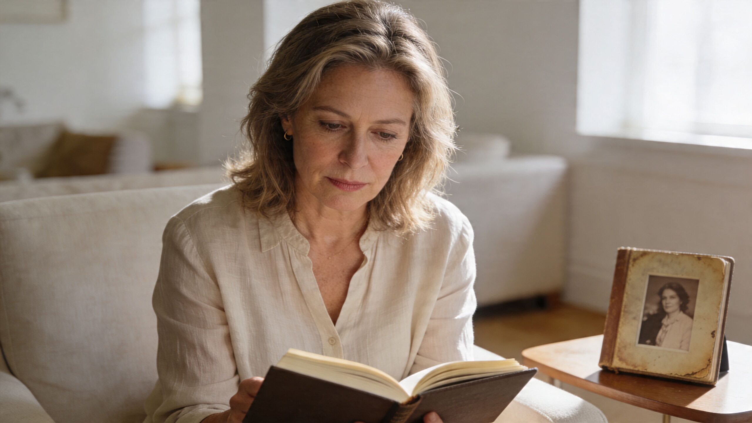 A middle-aged woman sitting comfortably in a chair, thoughtfully reading a book with a vintage photo nearby.