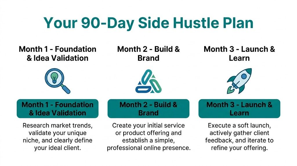 A 90-day side hustle plan infographic outlining the three months: Foundation, Build and Brand, and Launch.