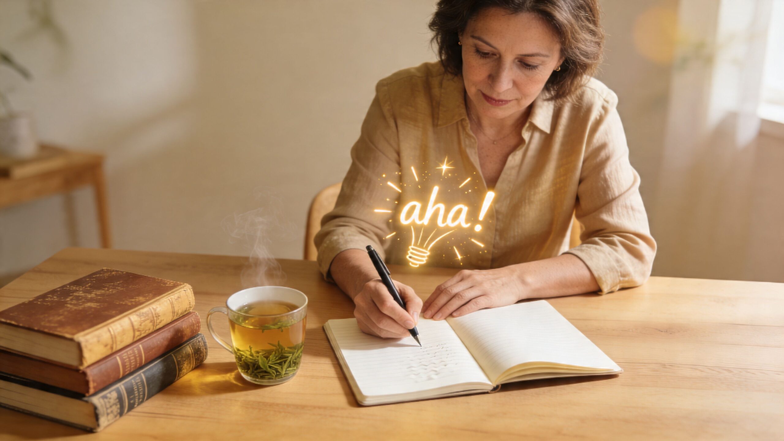 A woman writing in a notebook next to a cup of tea, with an illuminated lightbulb graphic.