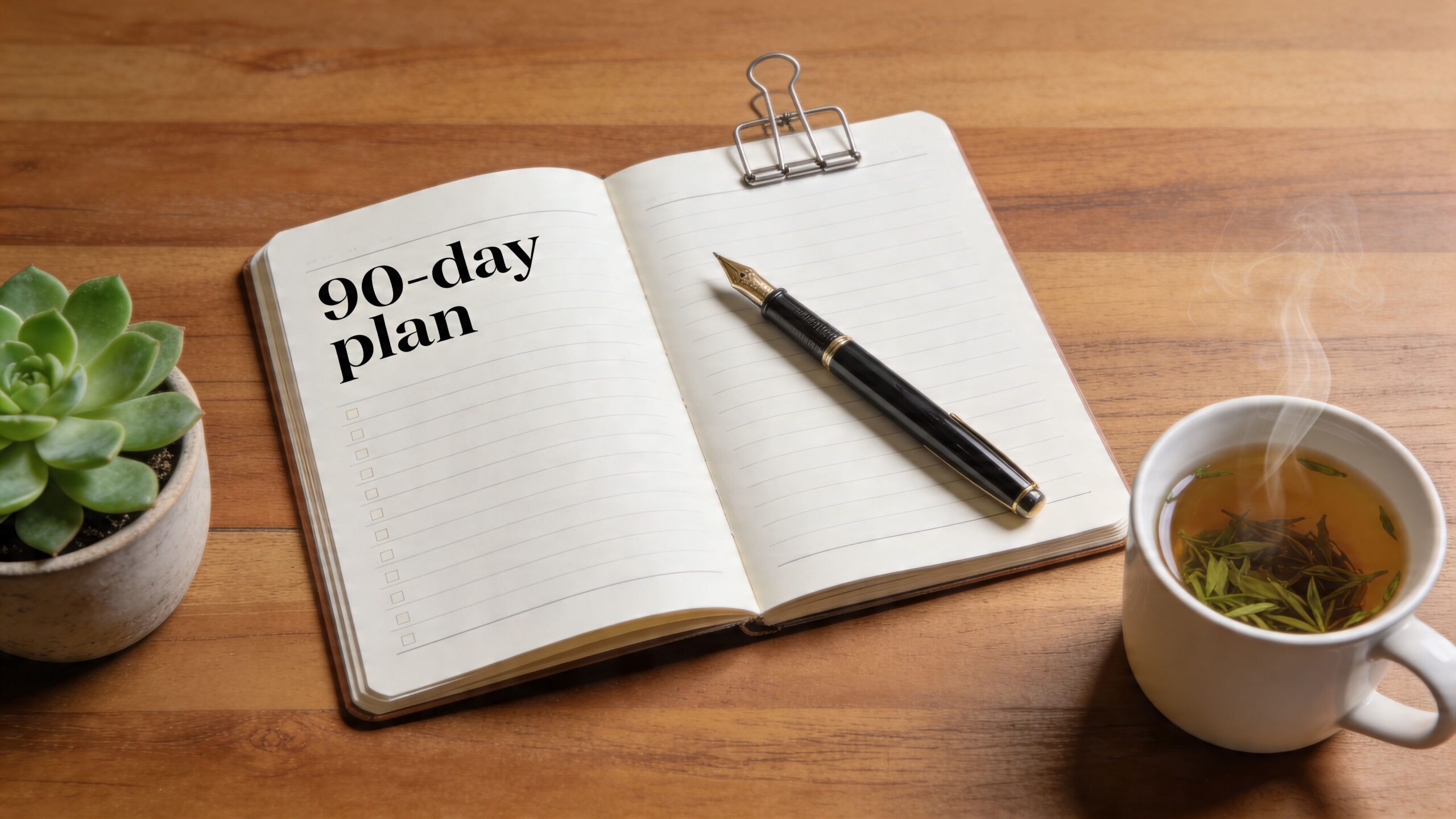 A 90-day plan written in a notebook with a fountain pen, succulent, and cup of herbal tea.