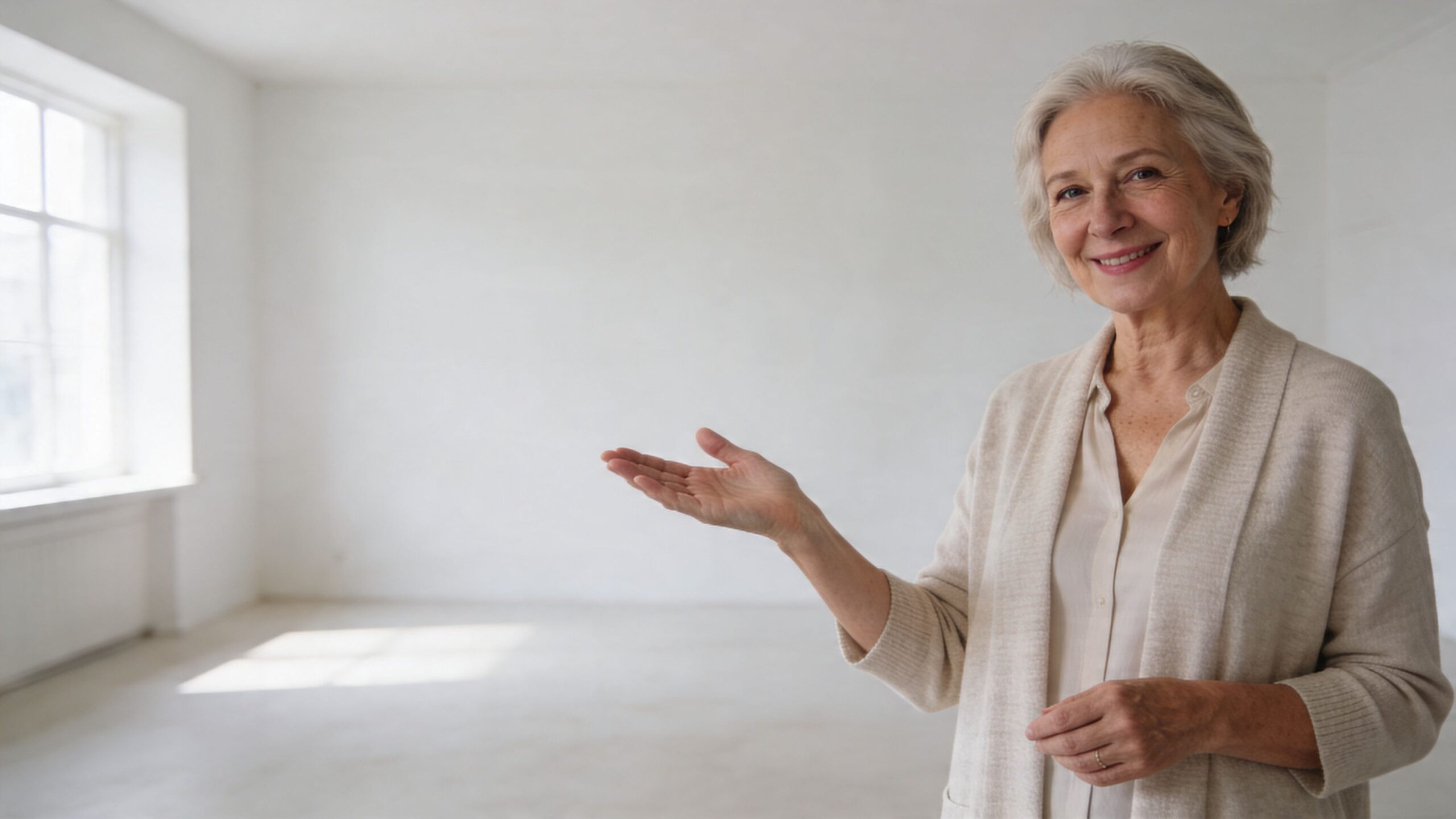 A smiling senior woman presenting an empty, bright white room with a window, showcasing minimalist space.