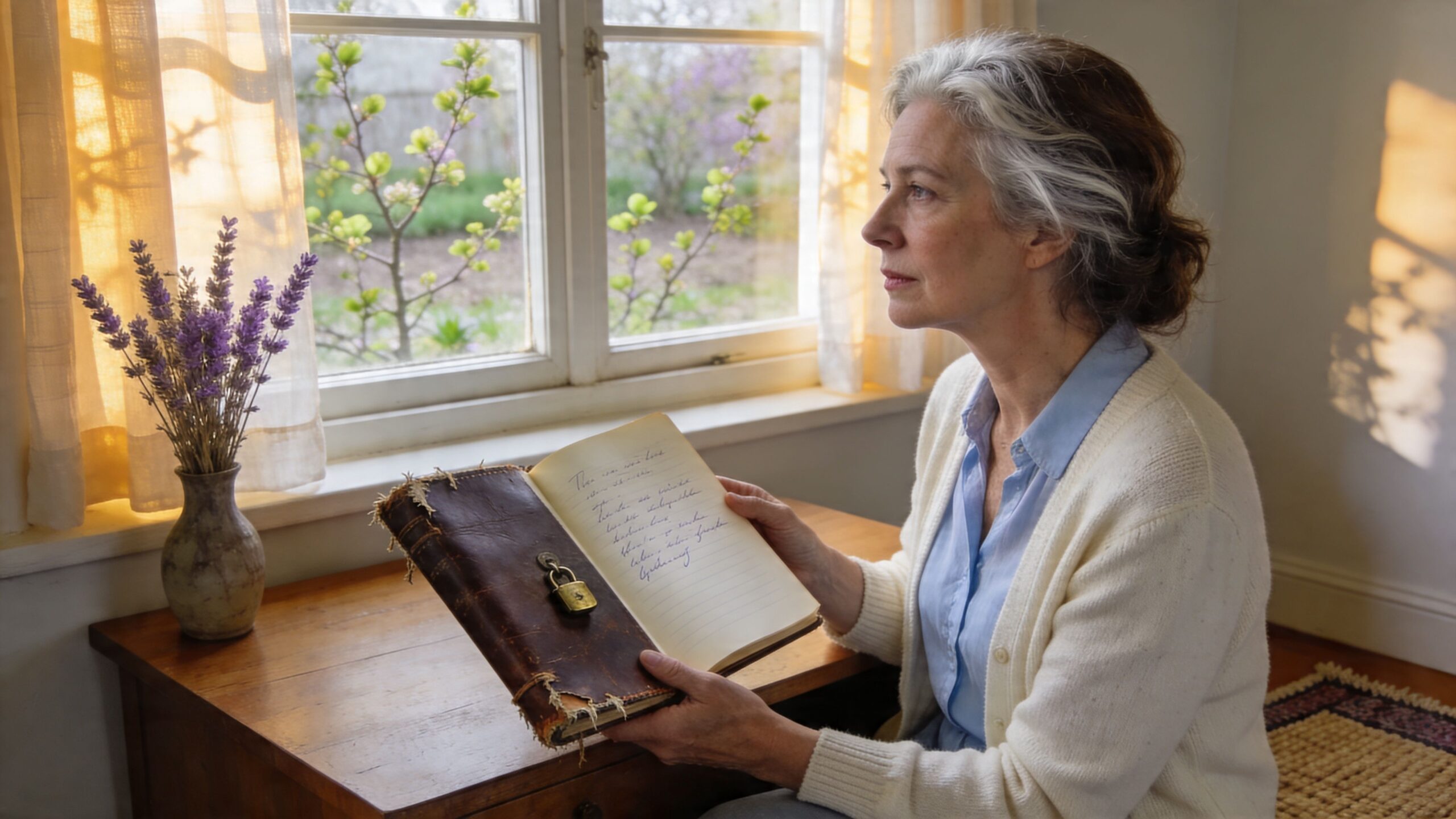 A middle-aged woman with graying hair reflects while holding a vintage leather-bound journal by a sunlit window.