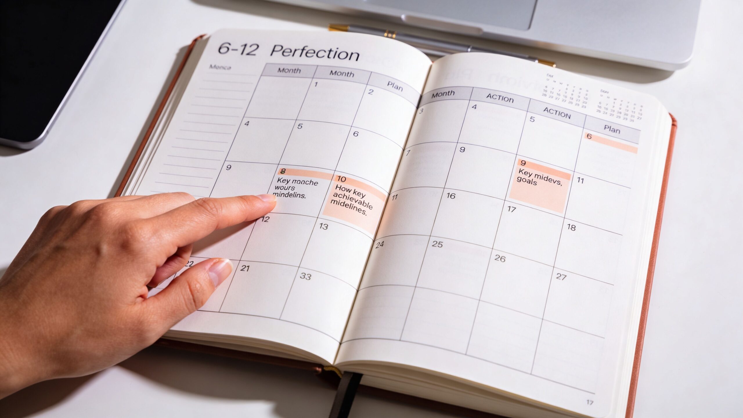 A hand points to a daily planner page showing a schedule and goal planning for the month.