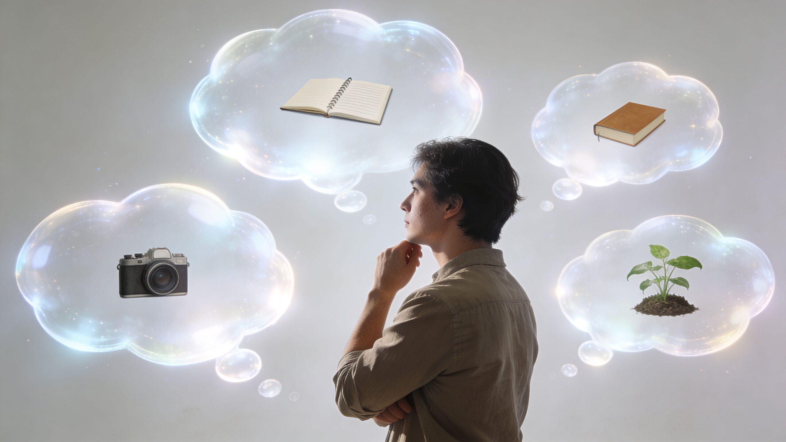 A young man looking at floating thought bubbles containing a camera, notebook, book, and small plant.