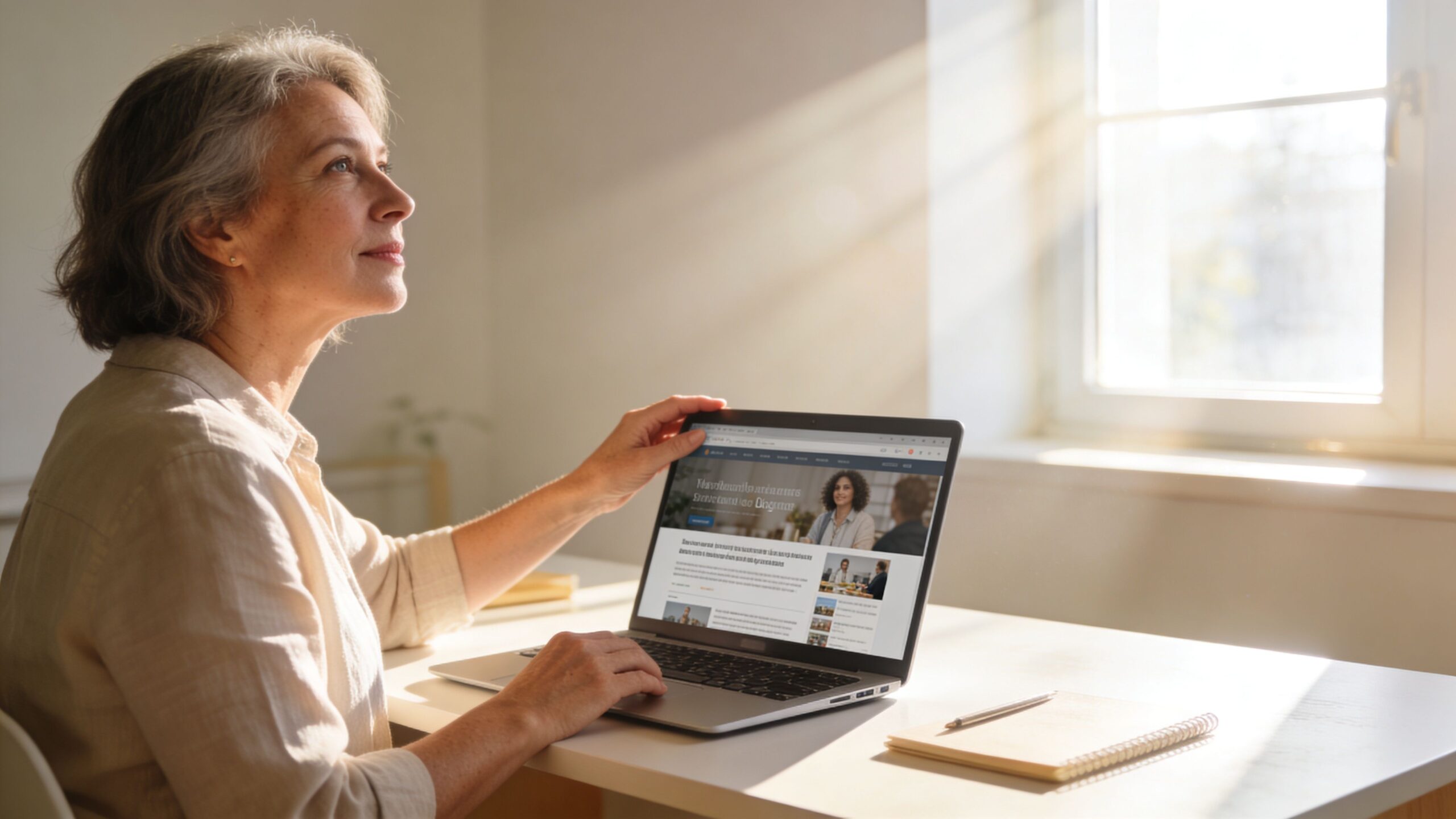 A professional woman looking away from her laptop while working in a sunlit home office environment.