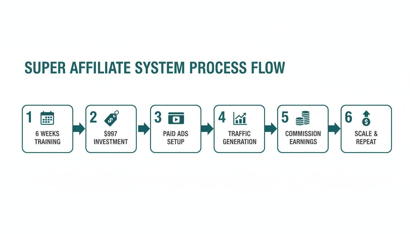 Flowchart illustrating the 6-step Super Affiliate System process: training, investment, paid ads, traffic, earnings, and scaling.