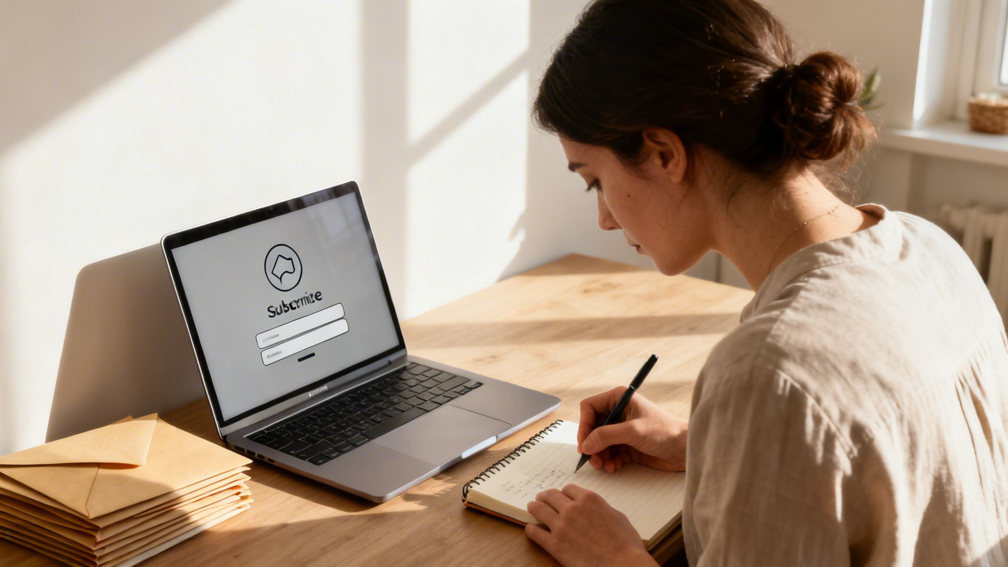 A young woman writes in a notebook at a sunny desk with a laptop showing a login screen.