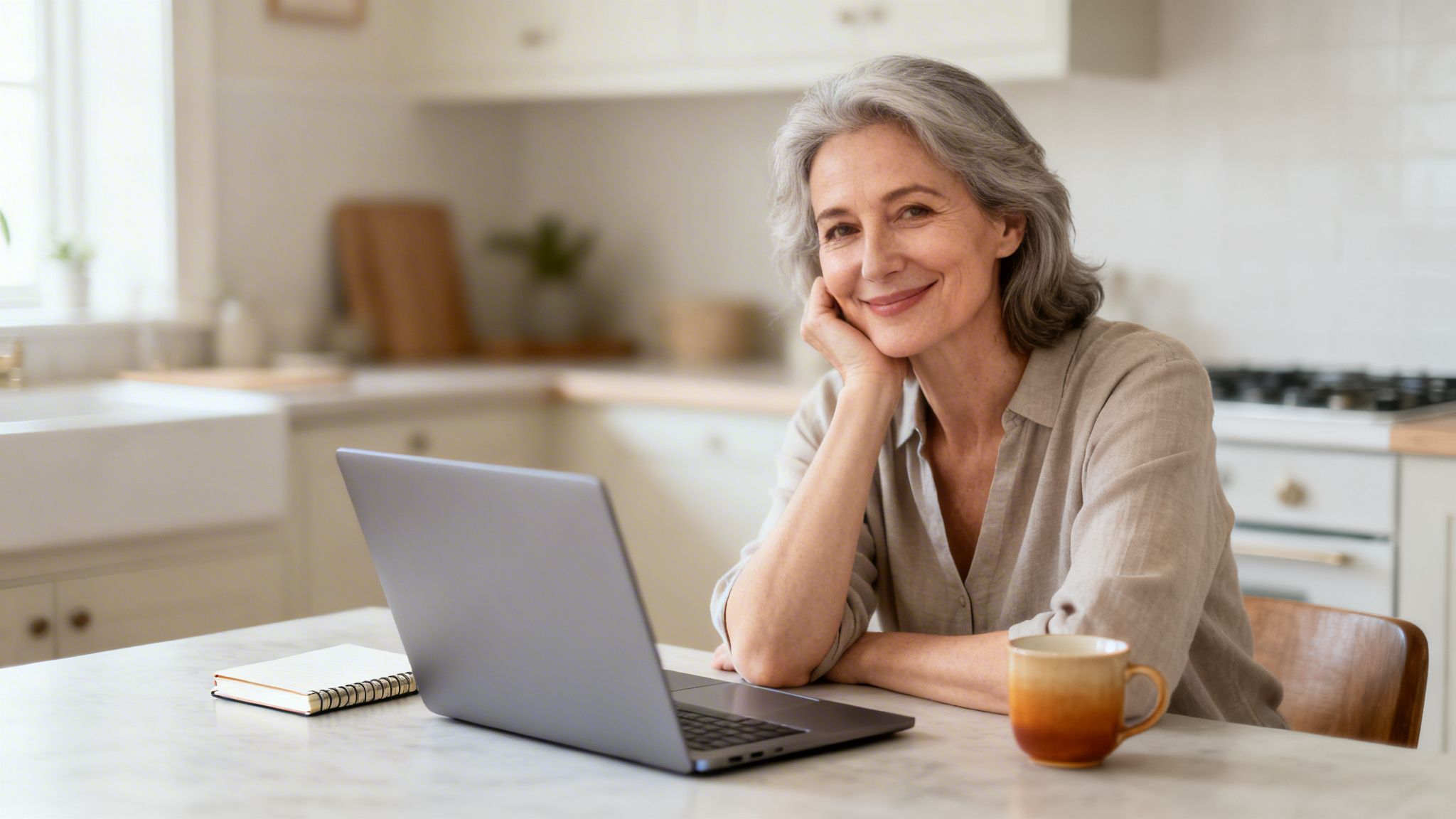 A smiling senior woman with grey hair working on a laptop in a bright kitchen.