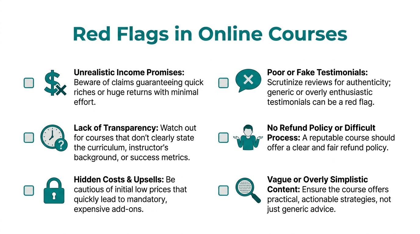 A checklist infographic titled Red Flags in Online Courses highlighting warnings for evaluating educational programs.