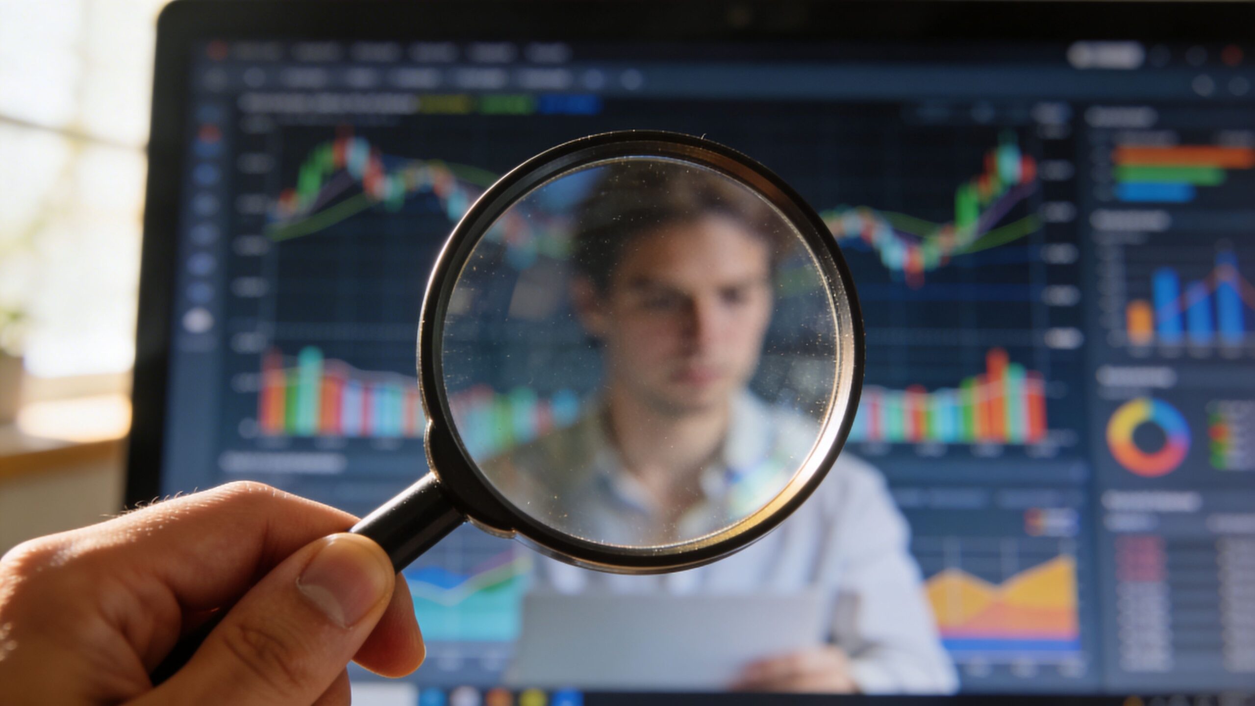 A hand holding a magnifying glass over a computer screen showing complex stock market financial charts.