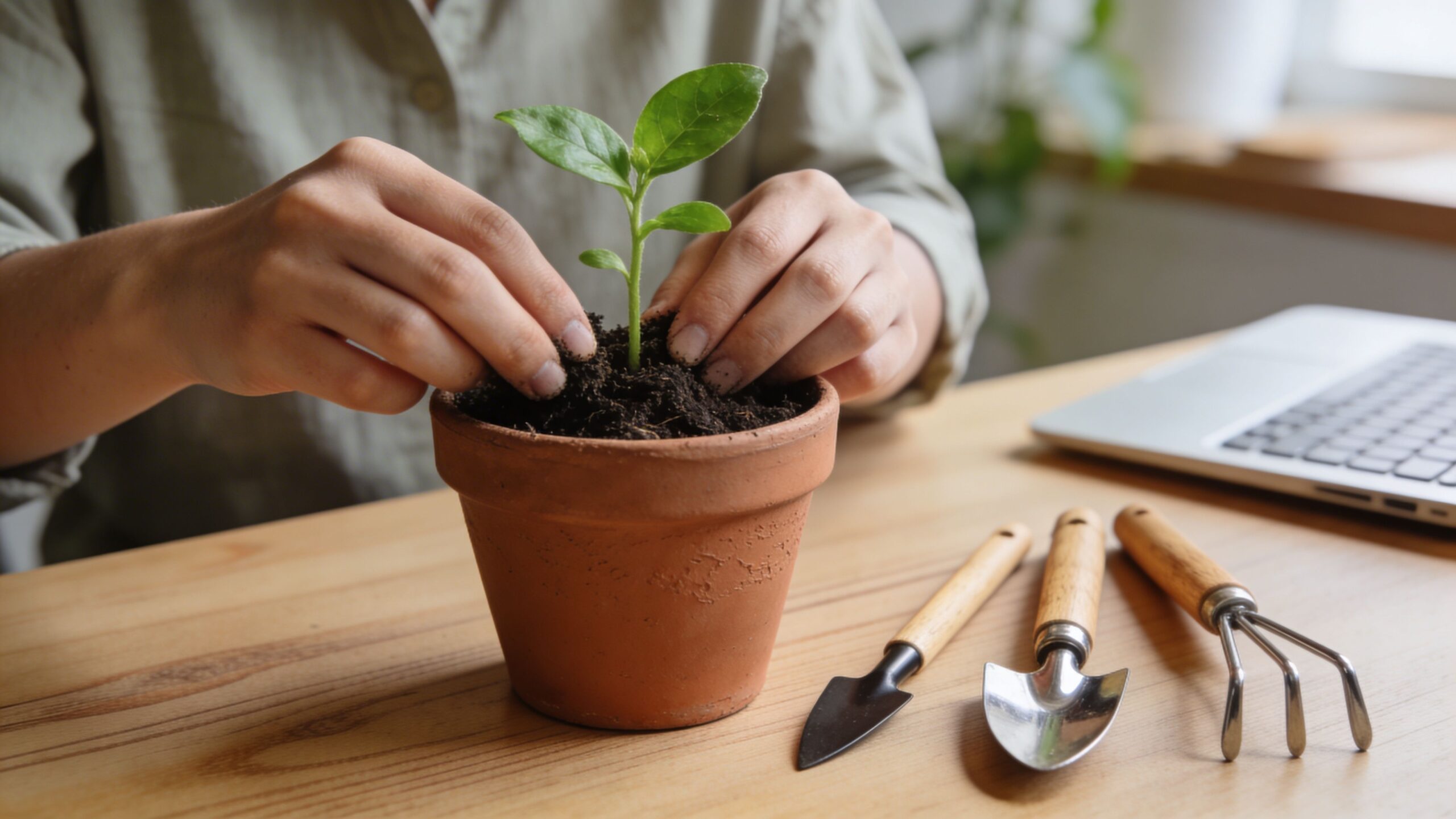 A person gently packs soil around a small green plant in a terracotta pot on a desk.