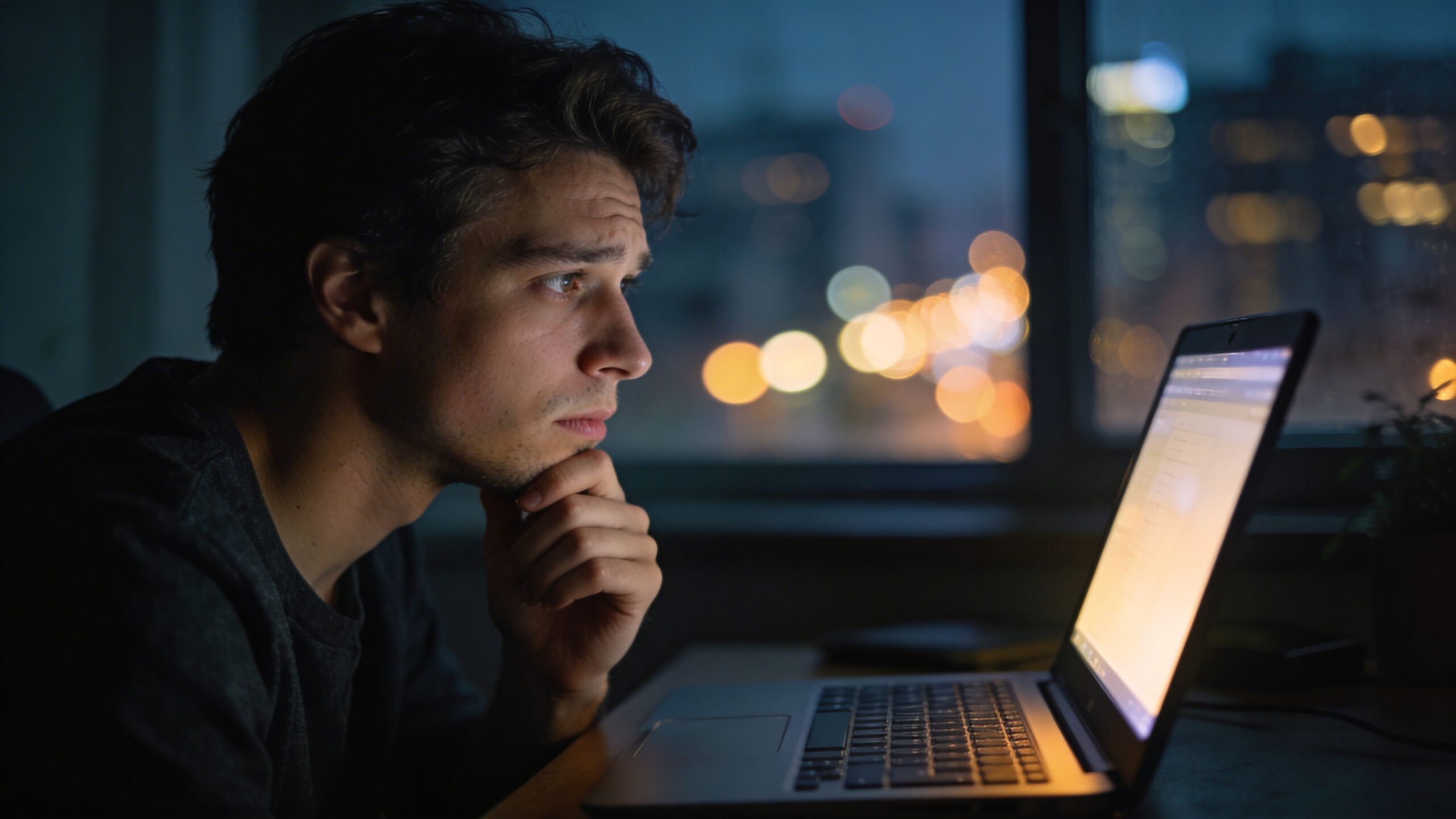 A young man looking intently at his laptop screen in a dark room at night.
