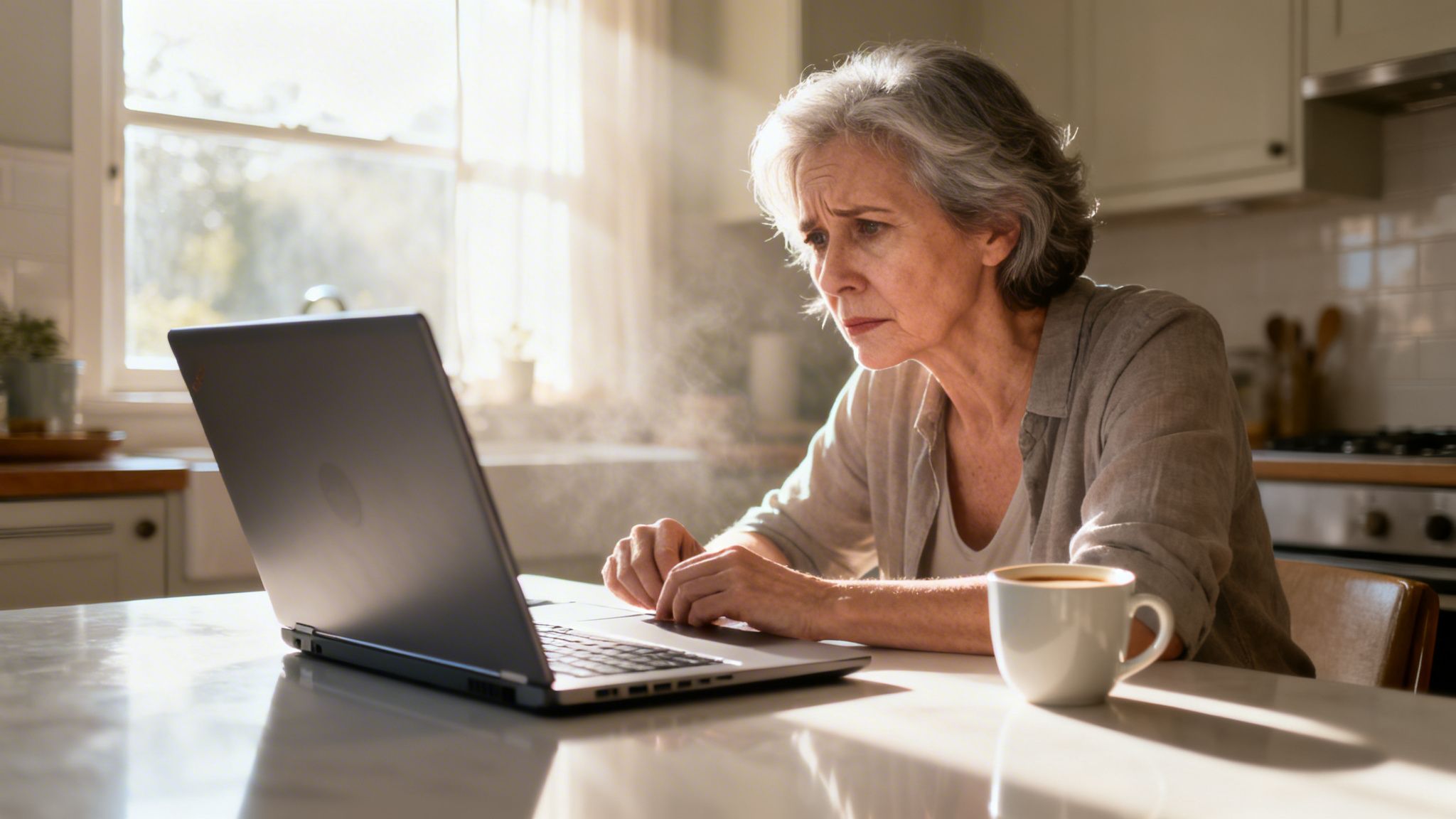 An older woman with grey hair sits at a kitchen table looking concerned while using a laptop.