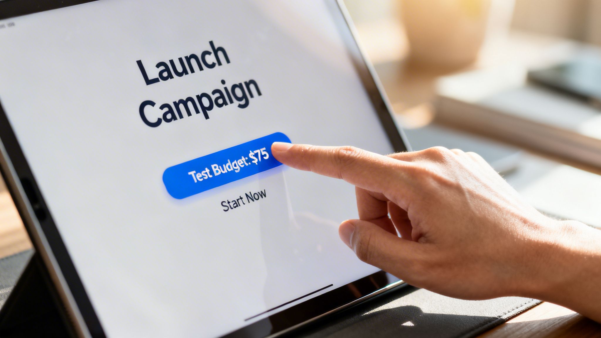 A person pressing a blue button on a tablet screen labeled Test Budget $75 to launch a campaign.