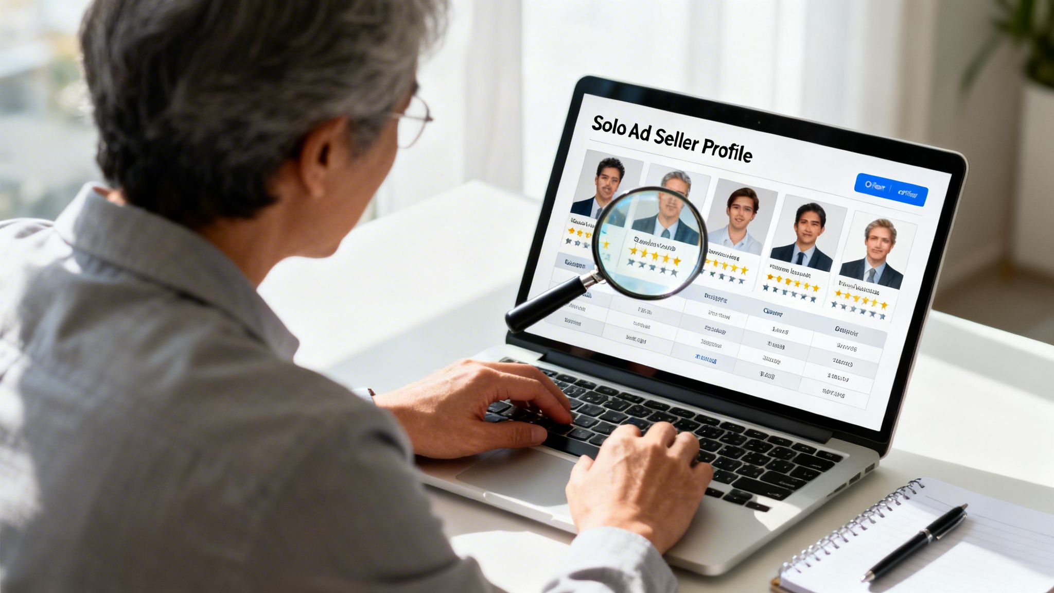 A person looking at a screen showing solo ad seller profiles with star ratings using a magnifying glass.