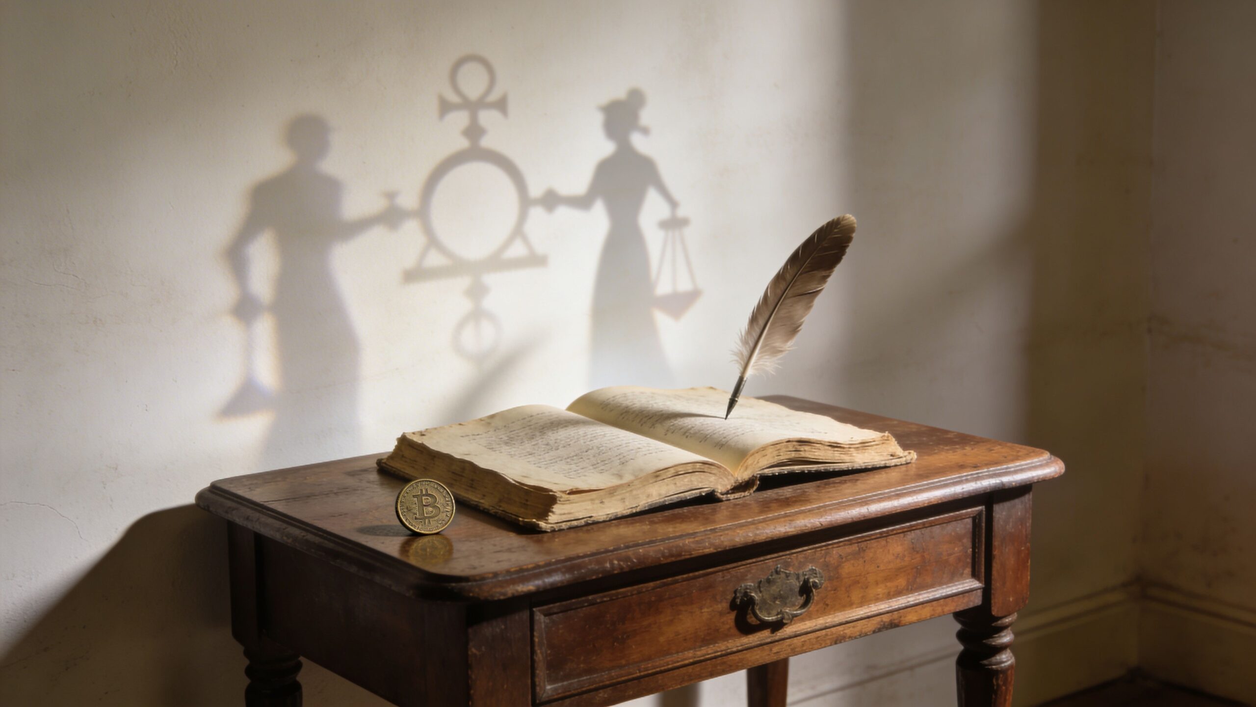 An old book with a quill and a bitcoin on a wooden desk casting symbolic shadows.
