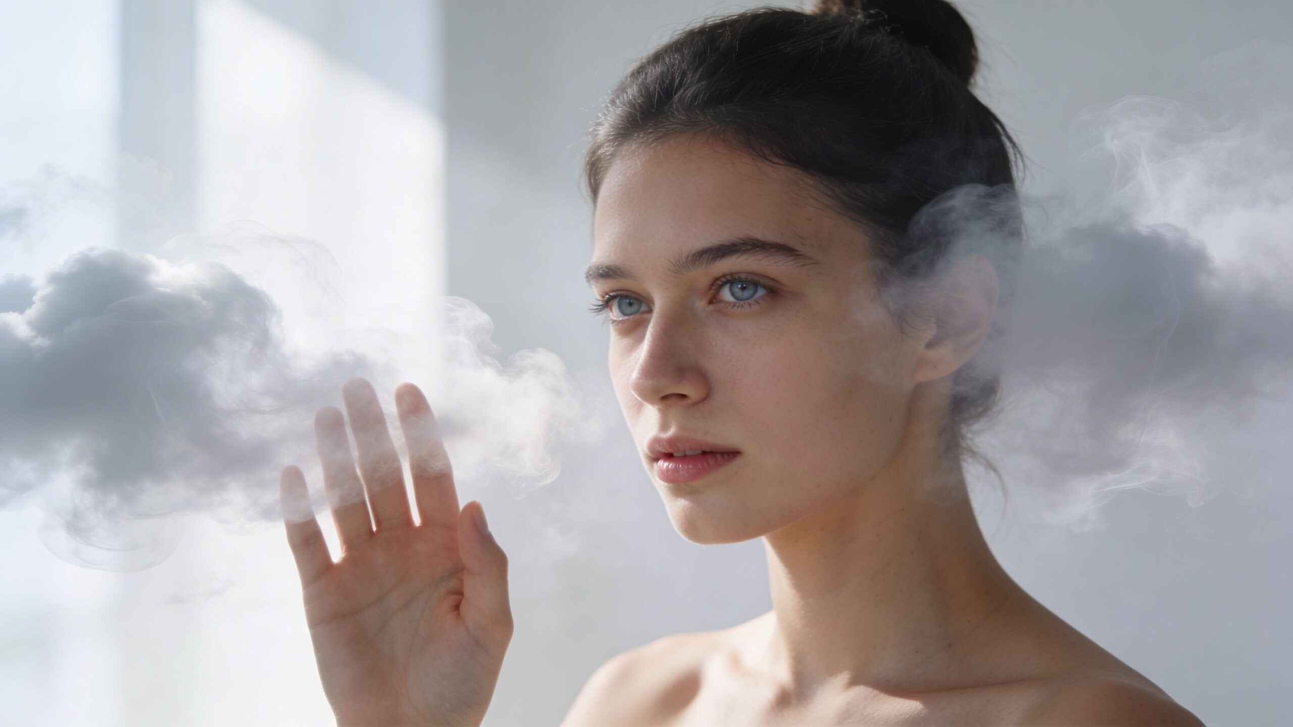 A young woman with light blue eyes posing gracefully with ethereal smoke swirling around her face and hand.