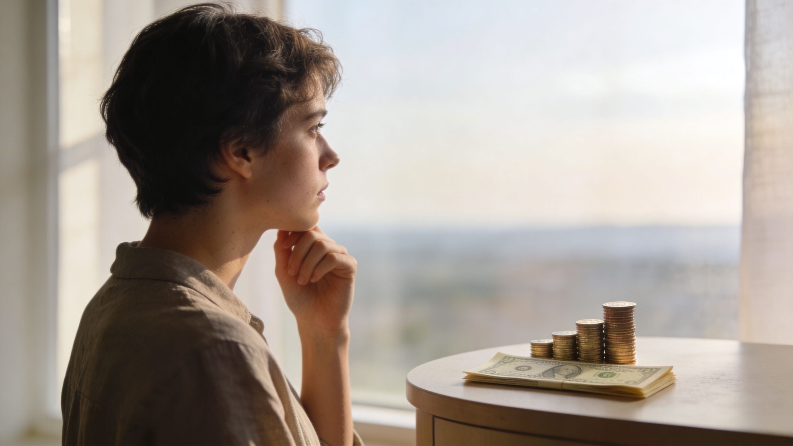 A contemplative young person looking out a window next to a stack of coins and dollar bills.