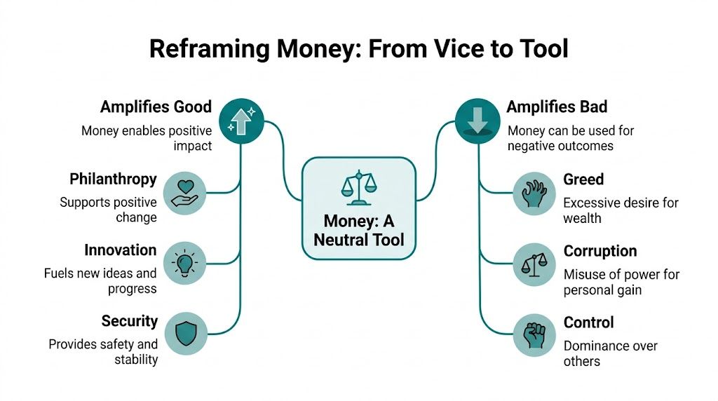 A diagram illustrating money as a neutral tool that can amplify either good outcomes or negative behaviors.
