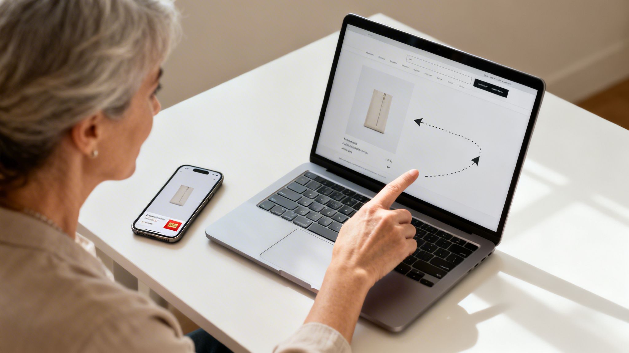 An older woman shops online, pointing at a laptop screen displaying a product, with her phone also showing it.