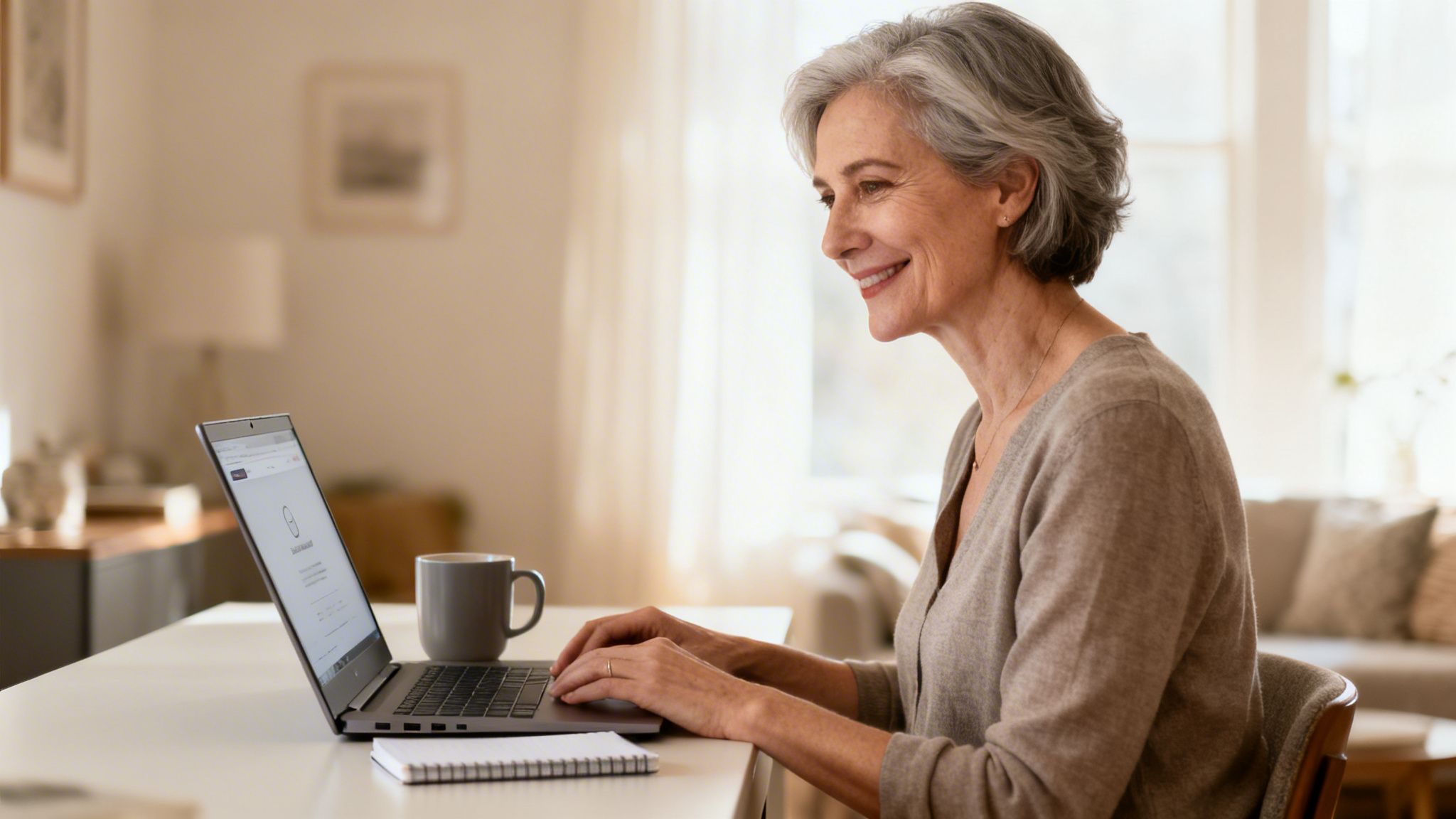A smiling senior woman with grey hair working on a laptop at a table in a bright room.