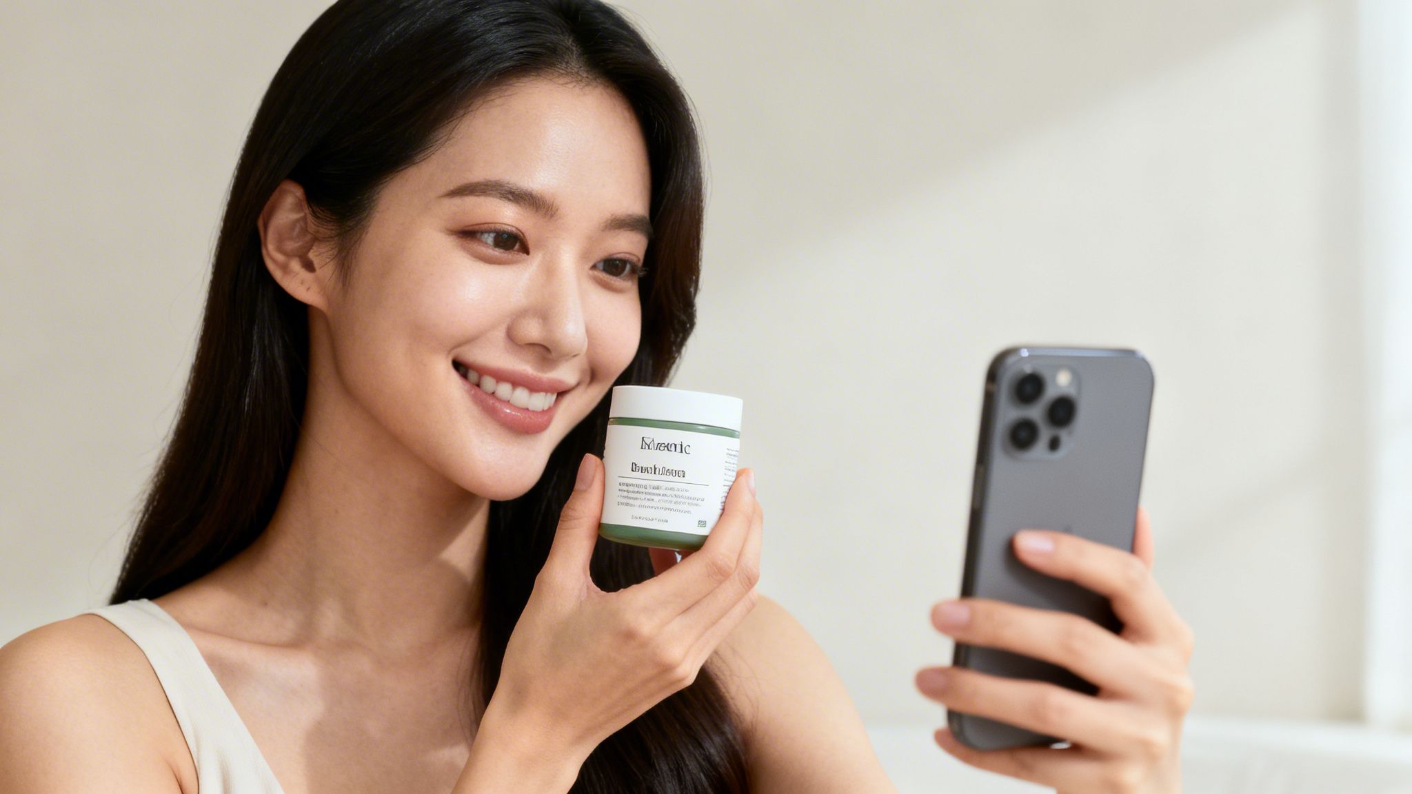 Smiling young Asian woman taking a selfie with a green skincare product jar and smartphone.