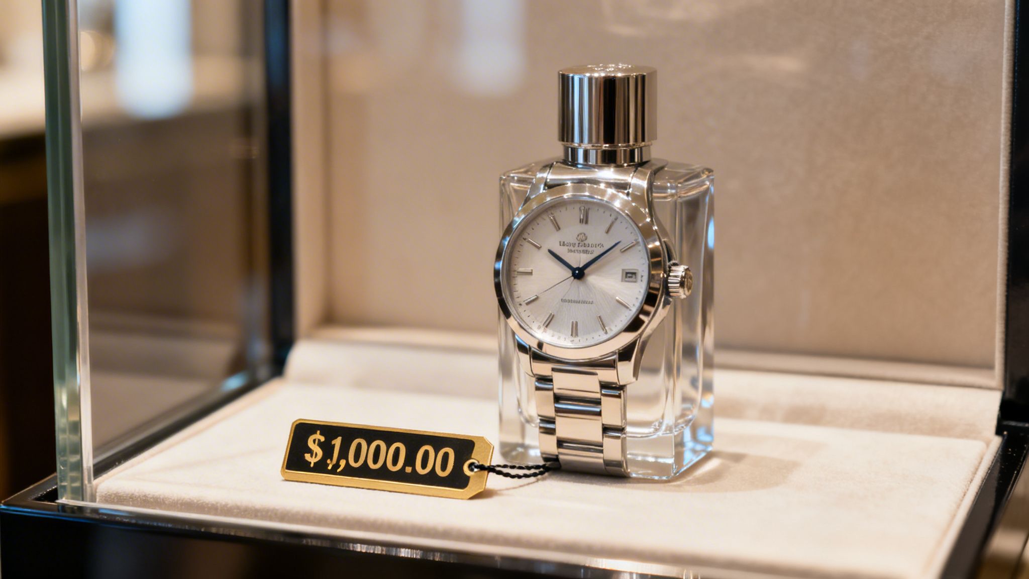 A luxury wristwatch displayed inside a glass case with a price tag showing one thousand dollars.