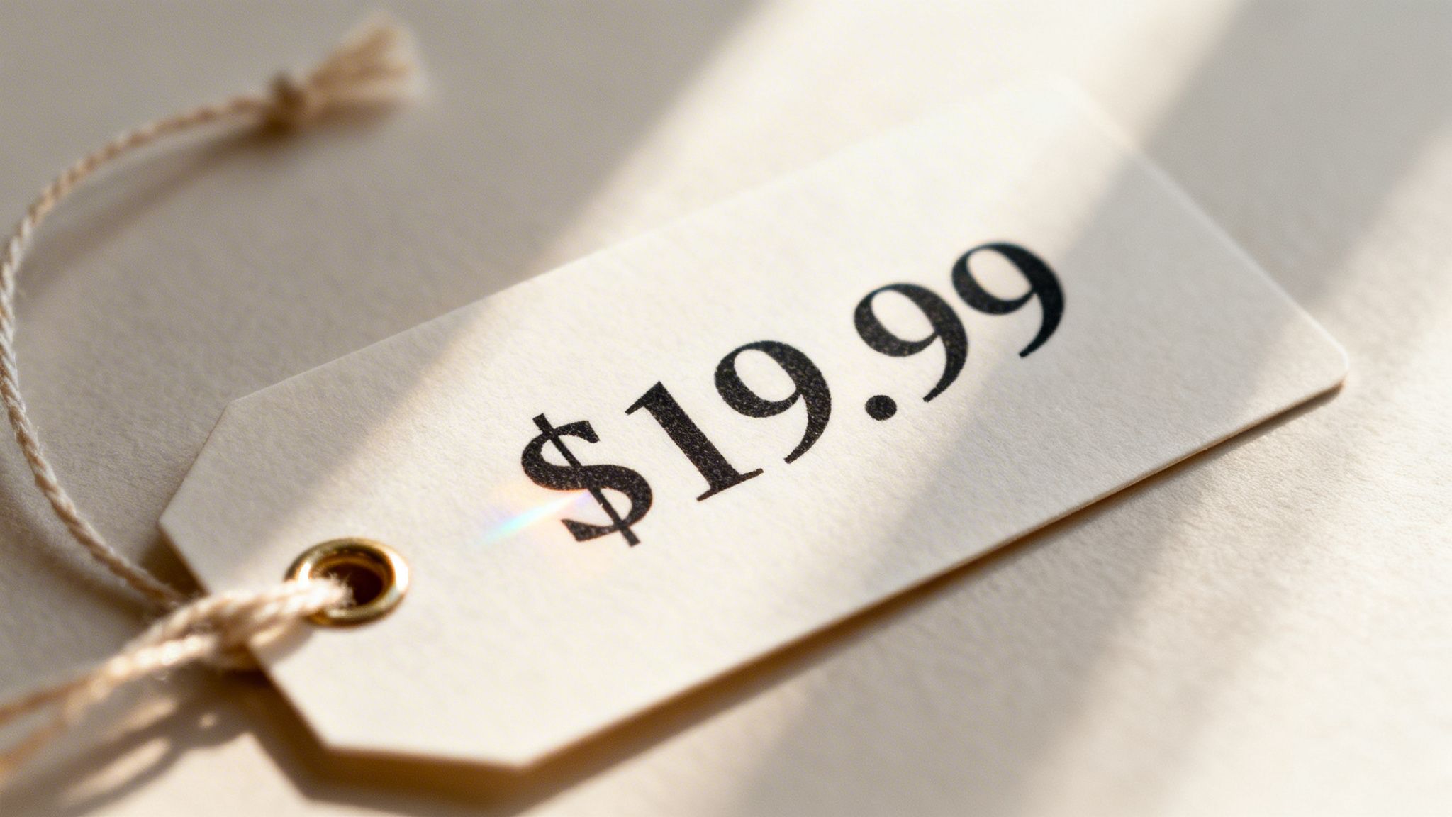 A close up view of a small rectangular retail price tag showing the price of nineteen dollars ninety nine cents.