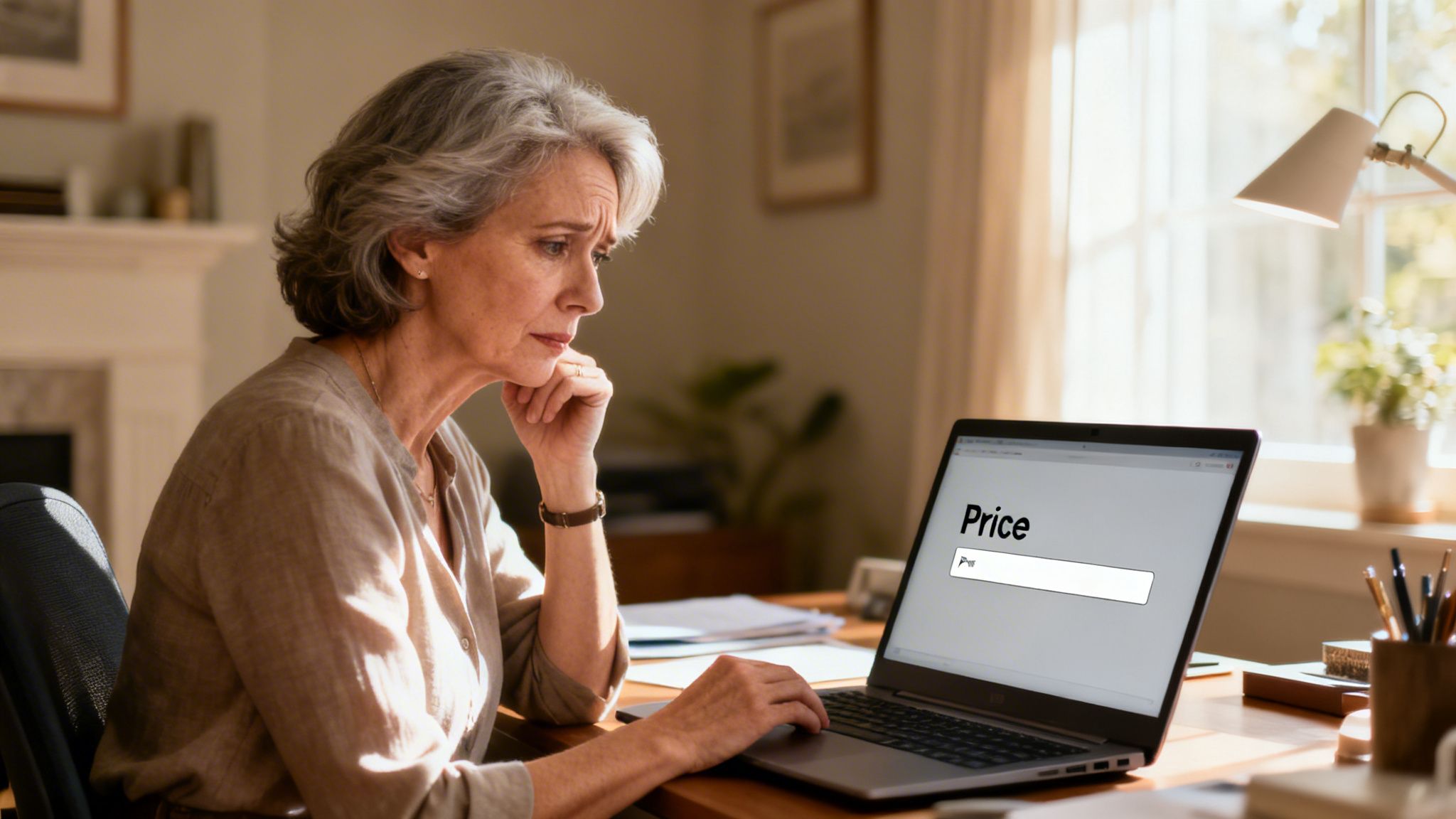 A middle-aged woman looking concerned while researching pricing information on her laptop at a desk.