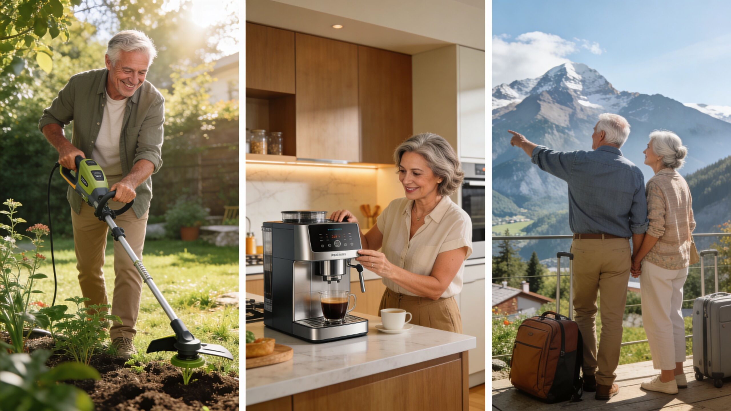 A collage showing an active retired couple gardening, preparing coffee, and traveling together in the mountains.