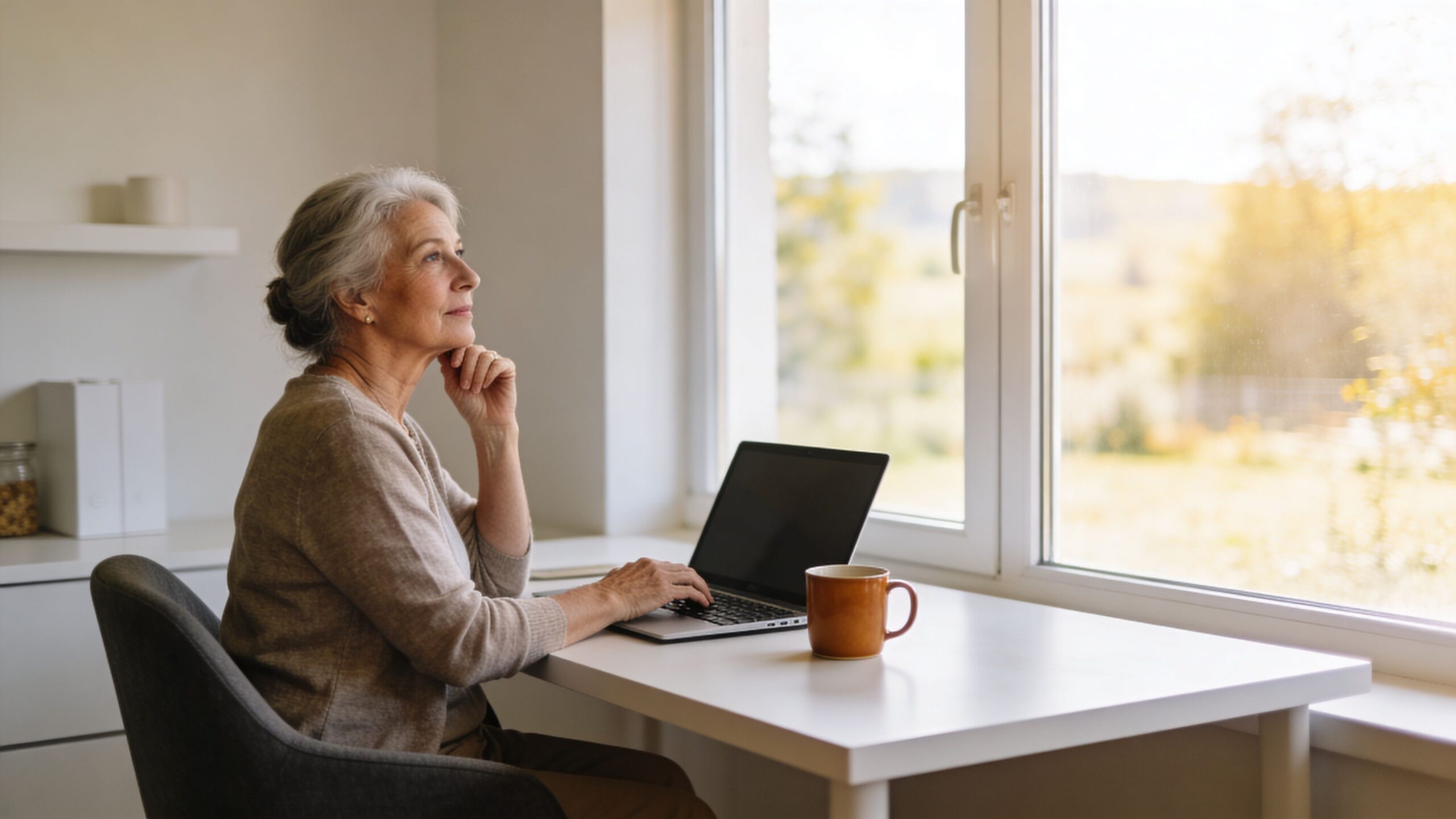 An elderly woman sitting at a desk by a bright window, thoughtful while working on a laptop.