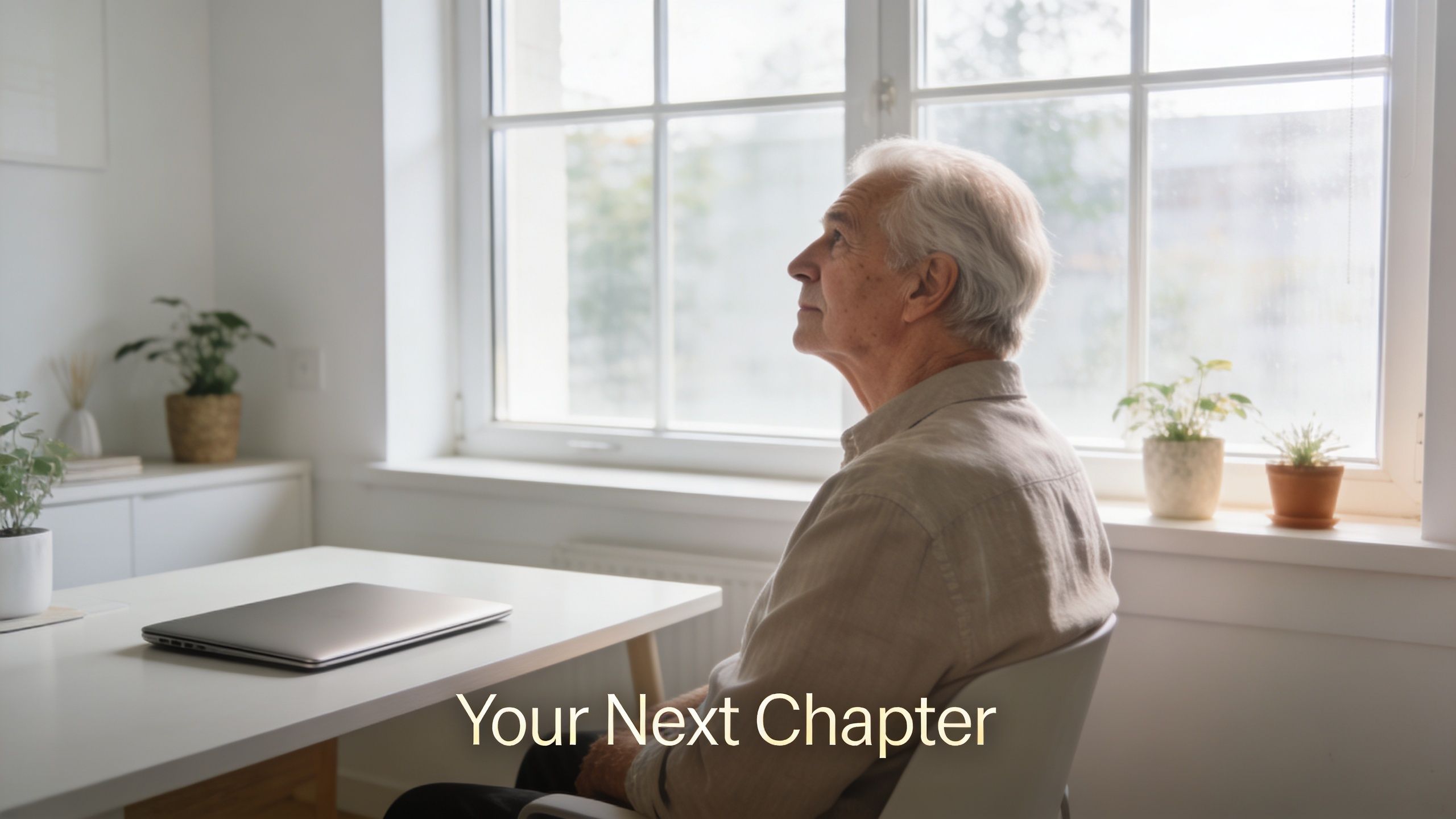An elderly man sitting at a clean desk by a window, contemplating his future work from home.