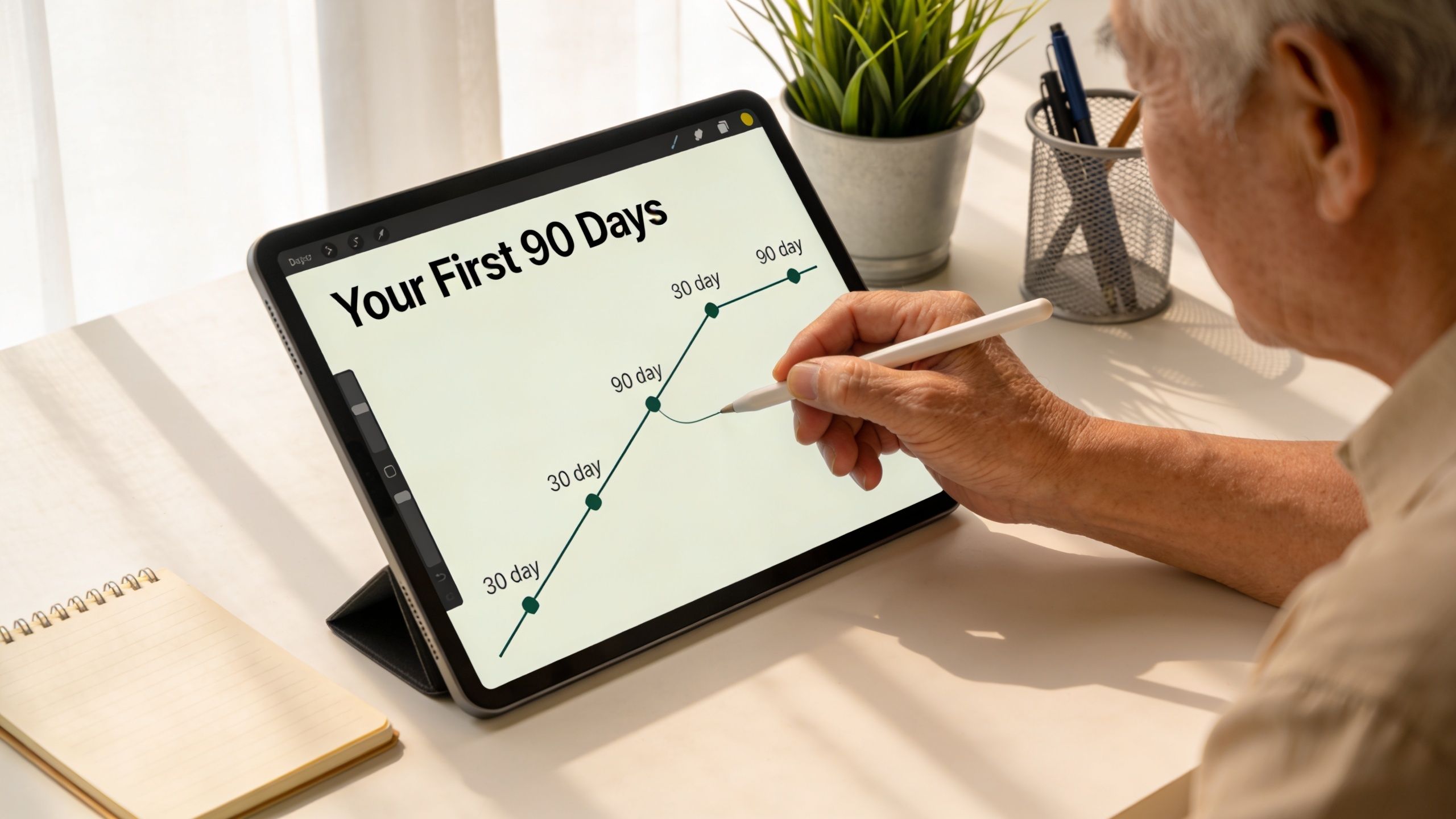 An elderly man uses a digital stylus on a tablet screen to draw a ninety day progress chart.
