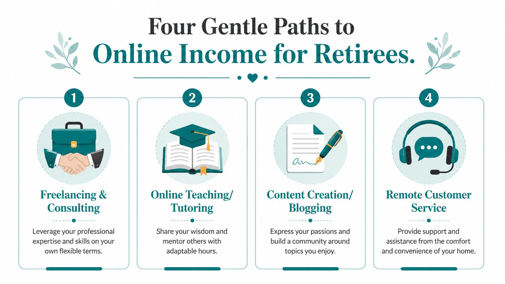 An infographic titled Four Gentle Paths to Online Income for Retirees, showing four icons for remote work options.