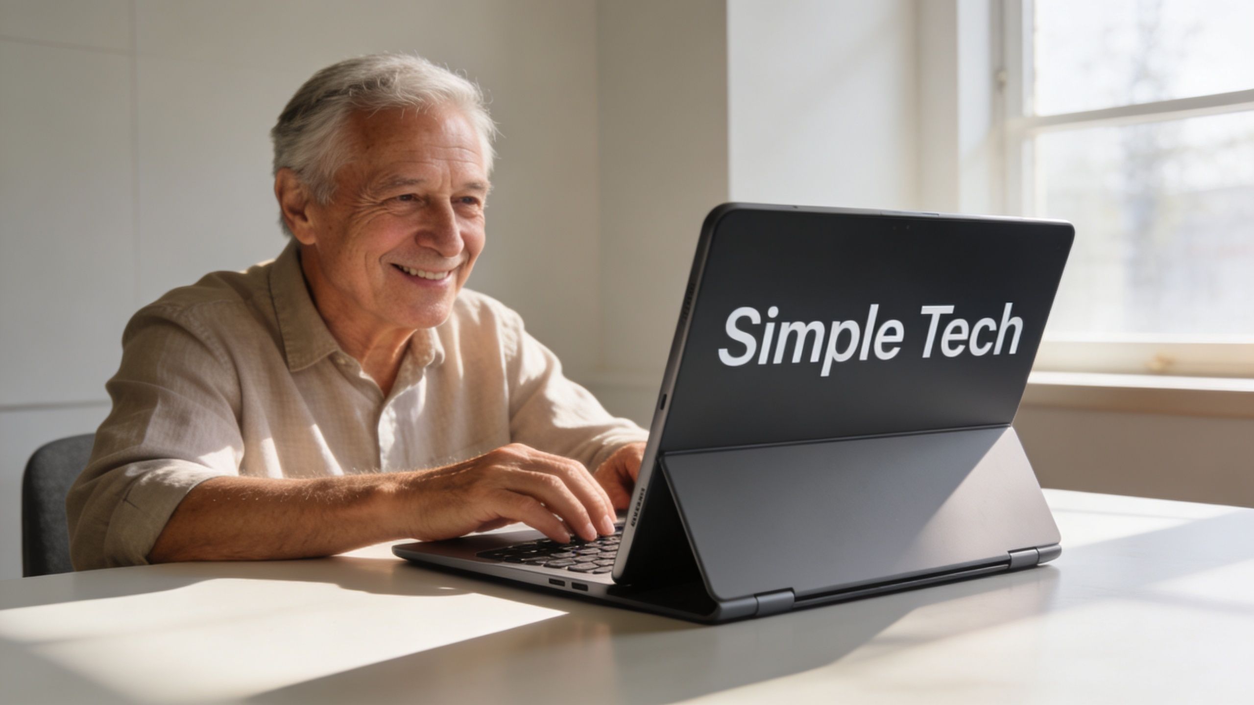 A happy senior man smiling while working on a laptop computer from home in a bright office.