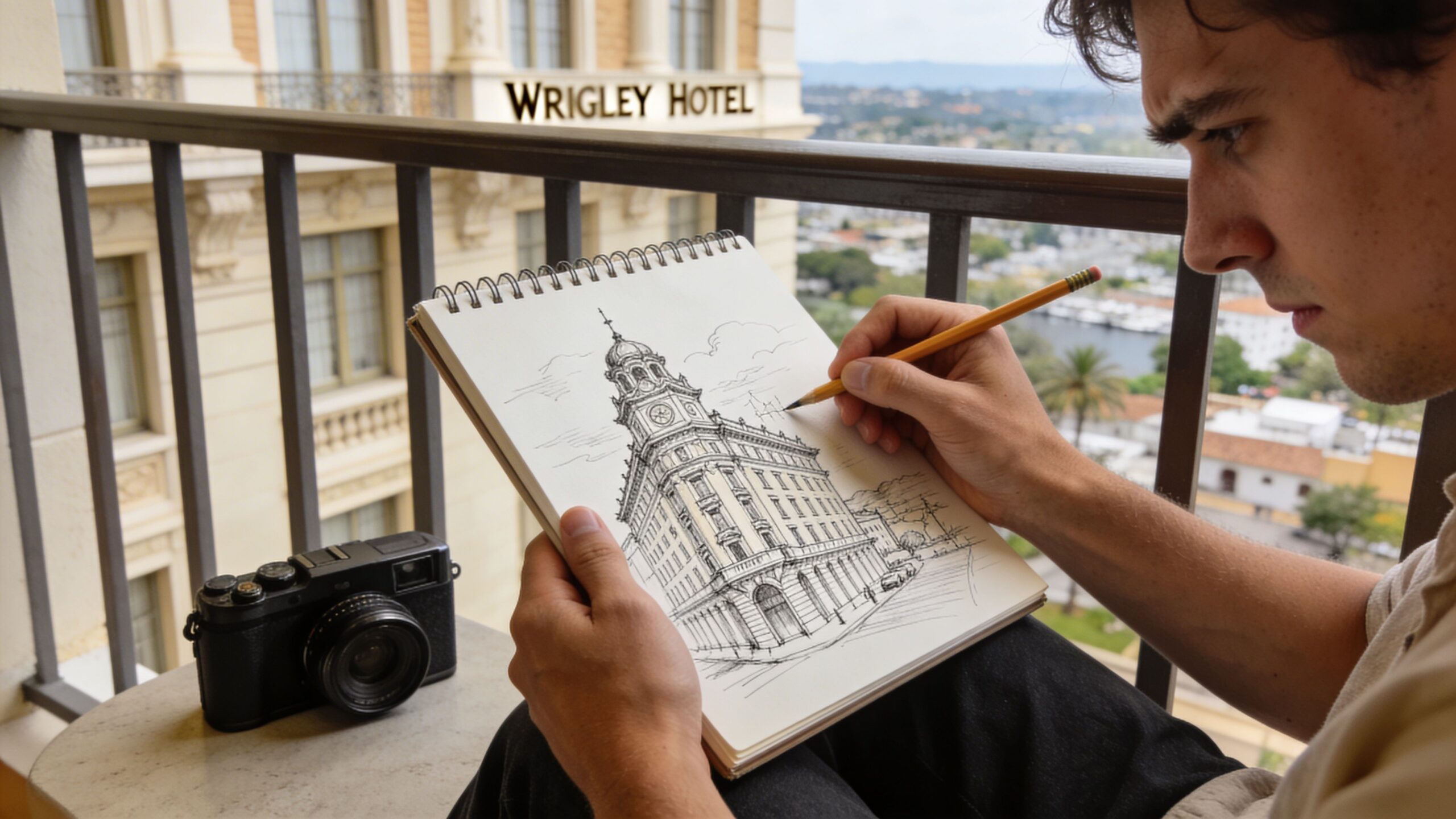 A young man sketching an architectural drawing of a building in a notebook on a hotel balcony.