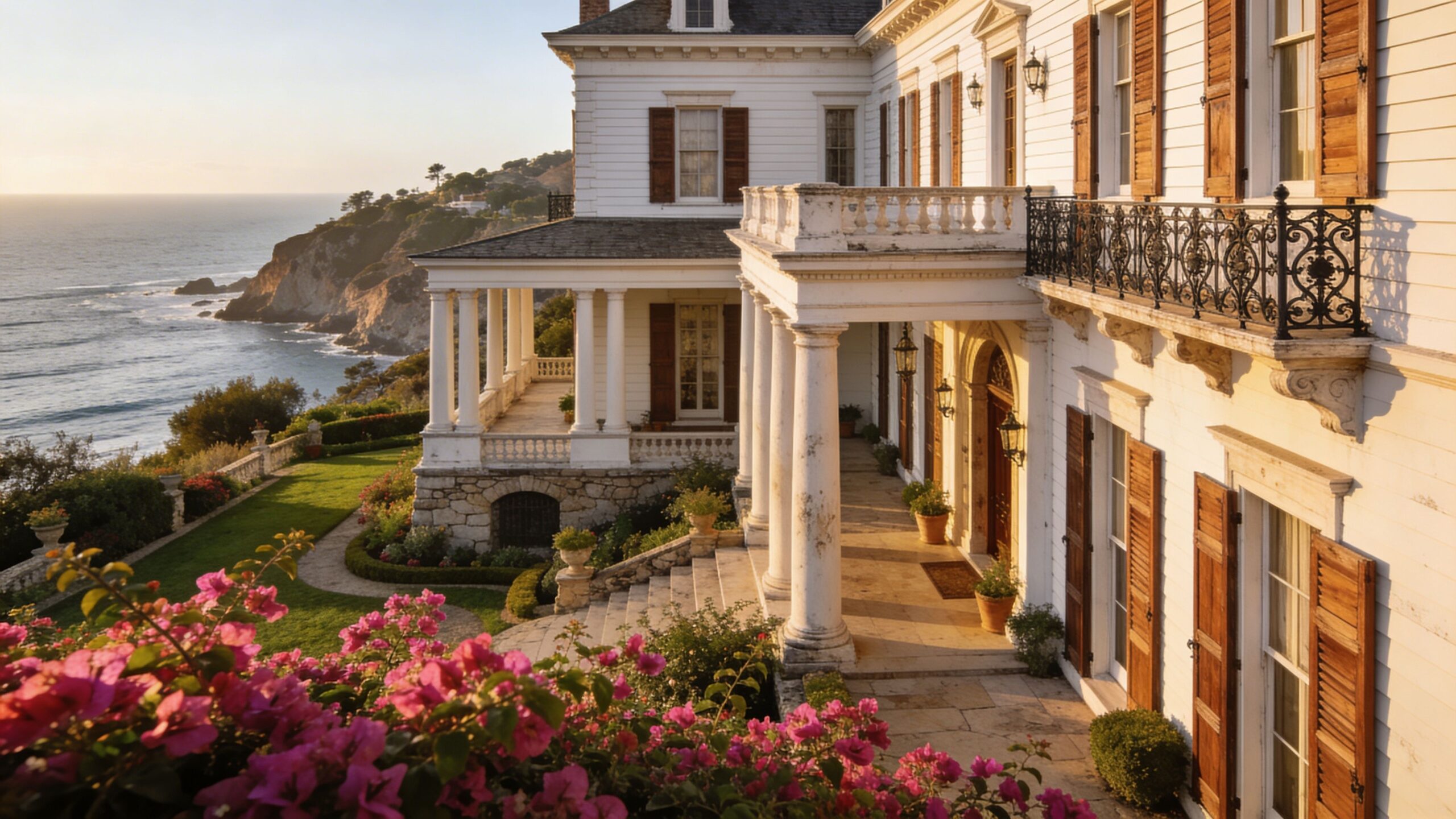 A luxurious white colonial mansion overlooking the Pacific Ocean coastline during a scenic golden hour sunset.