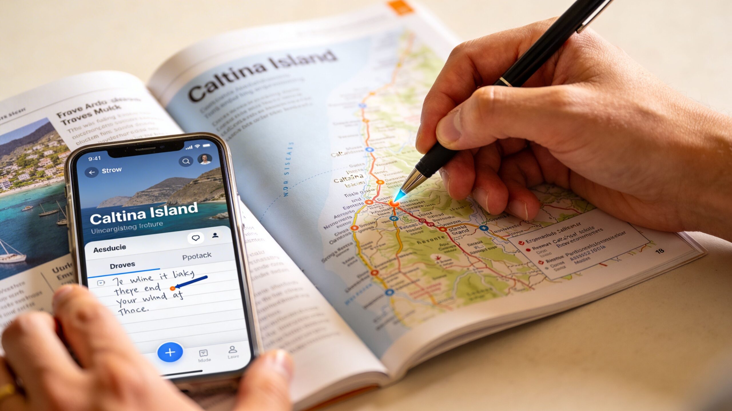 A person uses a pen to trace a route on a map while looking at a travel app.