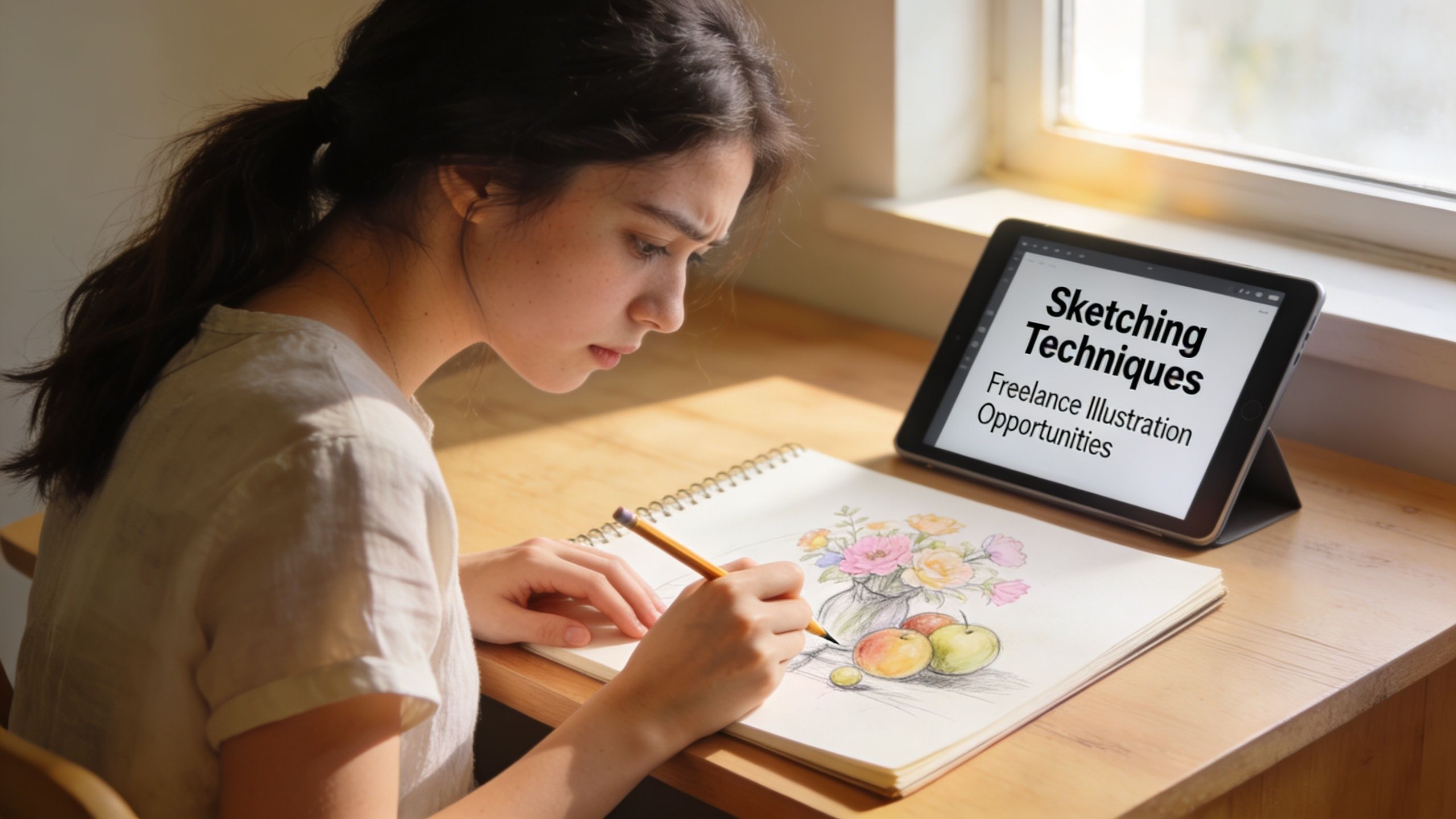 A young artist sketches colorful flowers and fruits in a notebook while viewing sketching techniques on a tablet.
