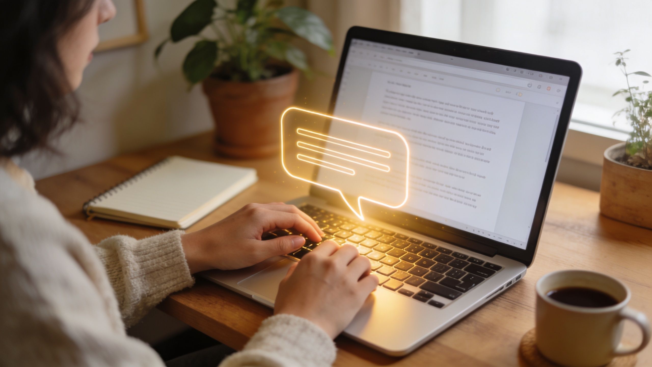 A person typing on a laptop with a glowing digital speech bubble icon floating above the keyboard.