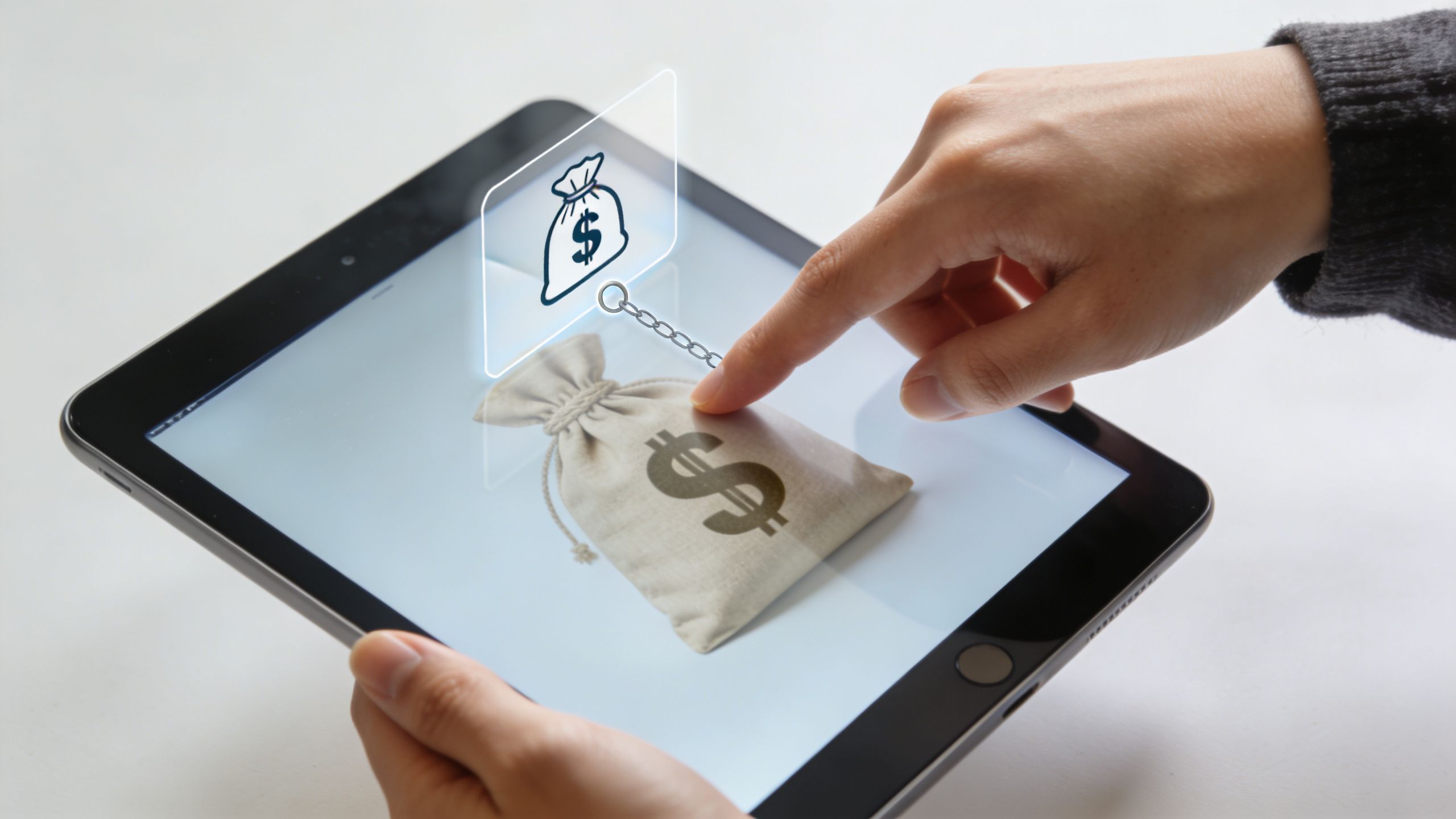 A person using a digital tablet to interact with a virtual money bag icon for financial services.