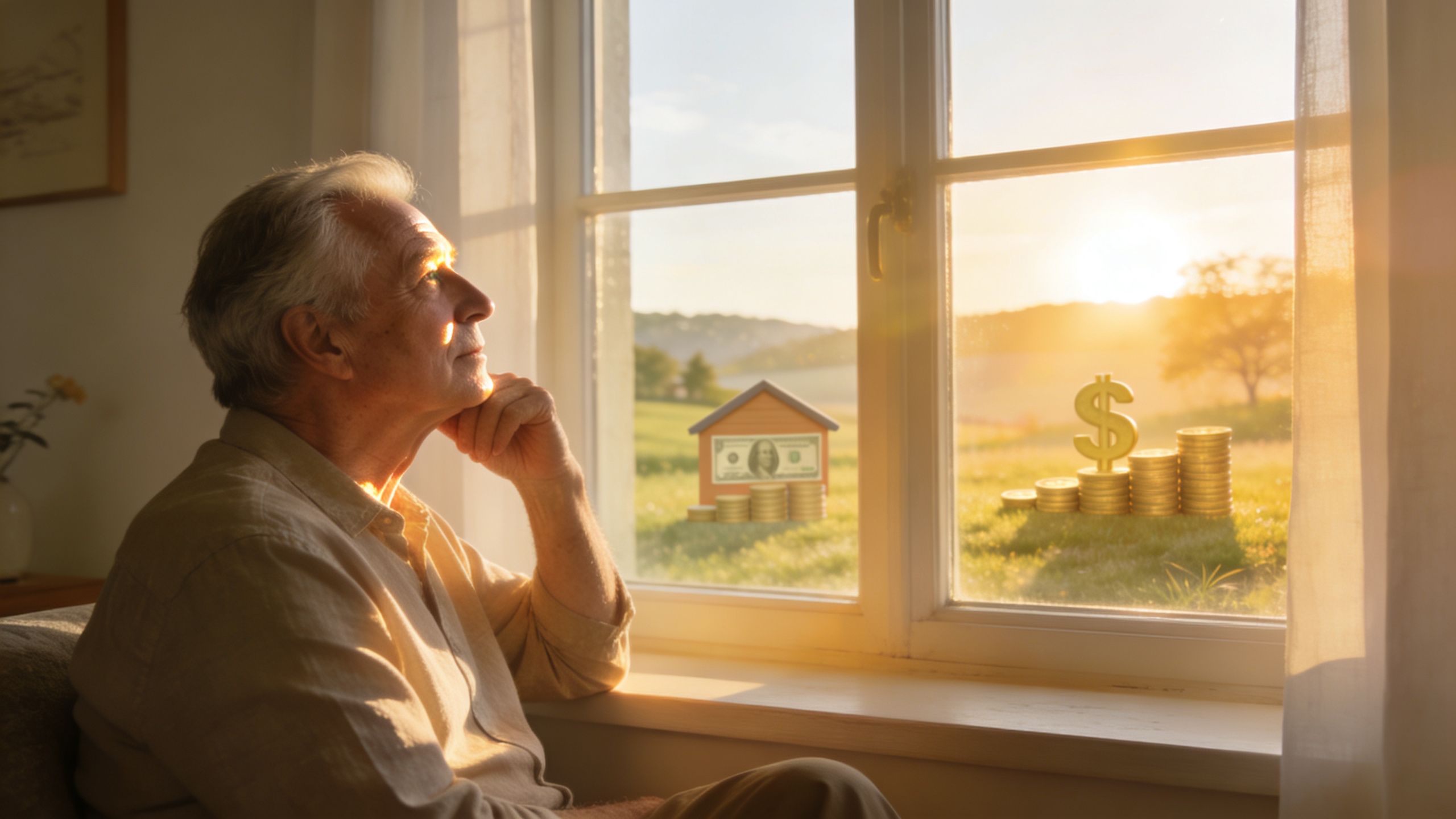 An elderly man sitting by a window overlooking a meadow featuring money symbols and coins.